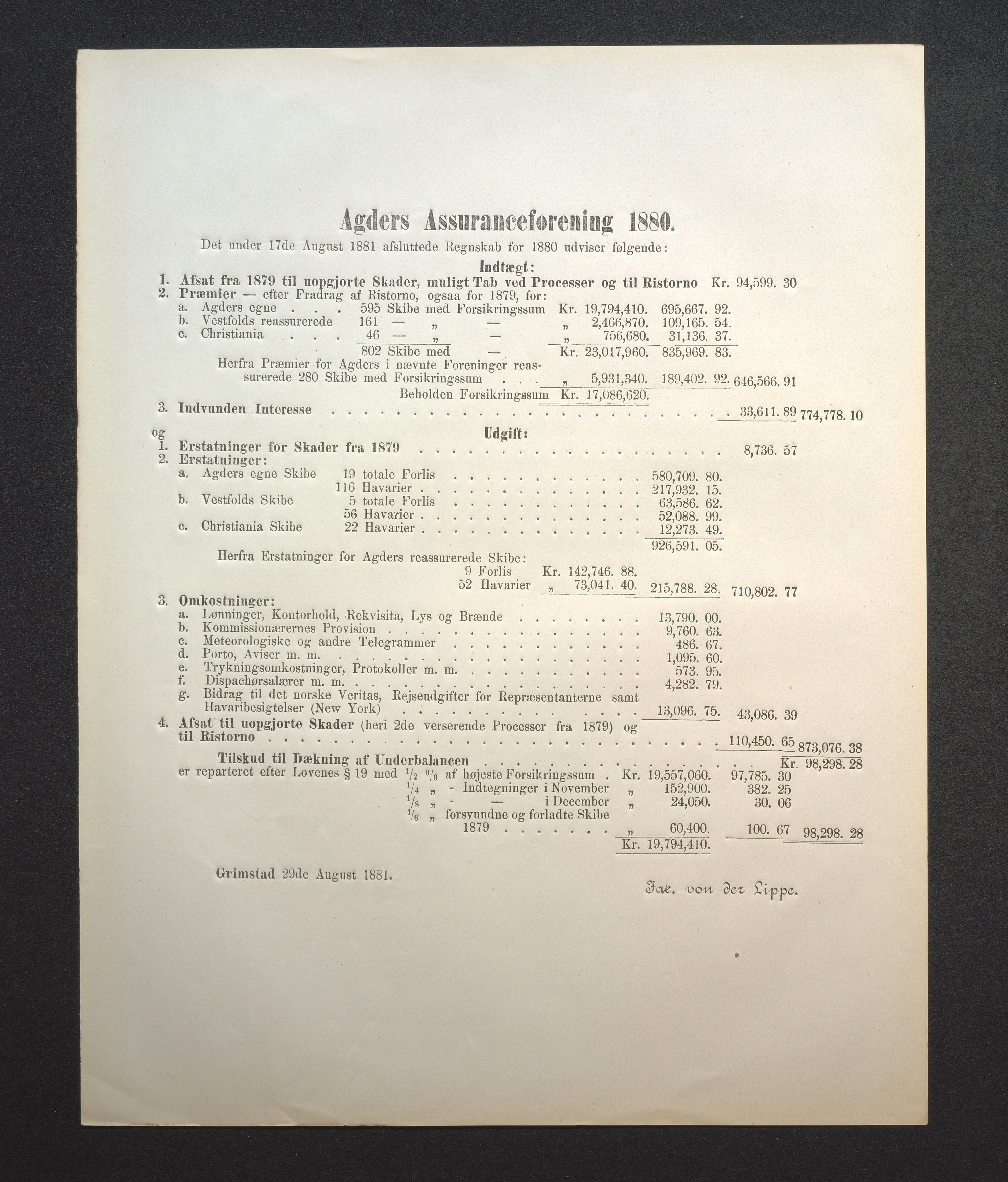 Agders Gjensidige Assuranceforening, AAKS/PA-1718/05/L0001: Regnskap, seilavdeling, pakkesak, 1855-1880