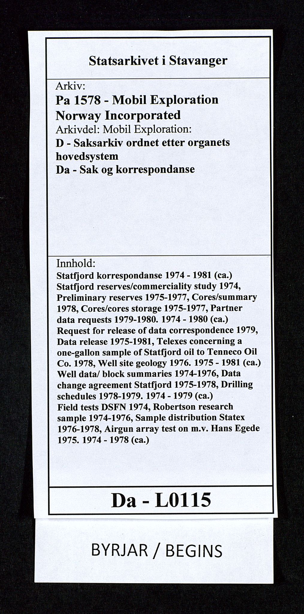 Pa 1578 - Mobil Exploration Norway Incorporated, SAST/A-102024/4/D/Da/L0115: S.E. Smith - Sak og korrespondanse, 1974-1981, s. 1