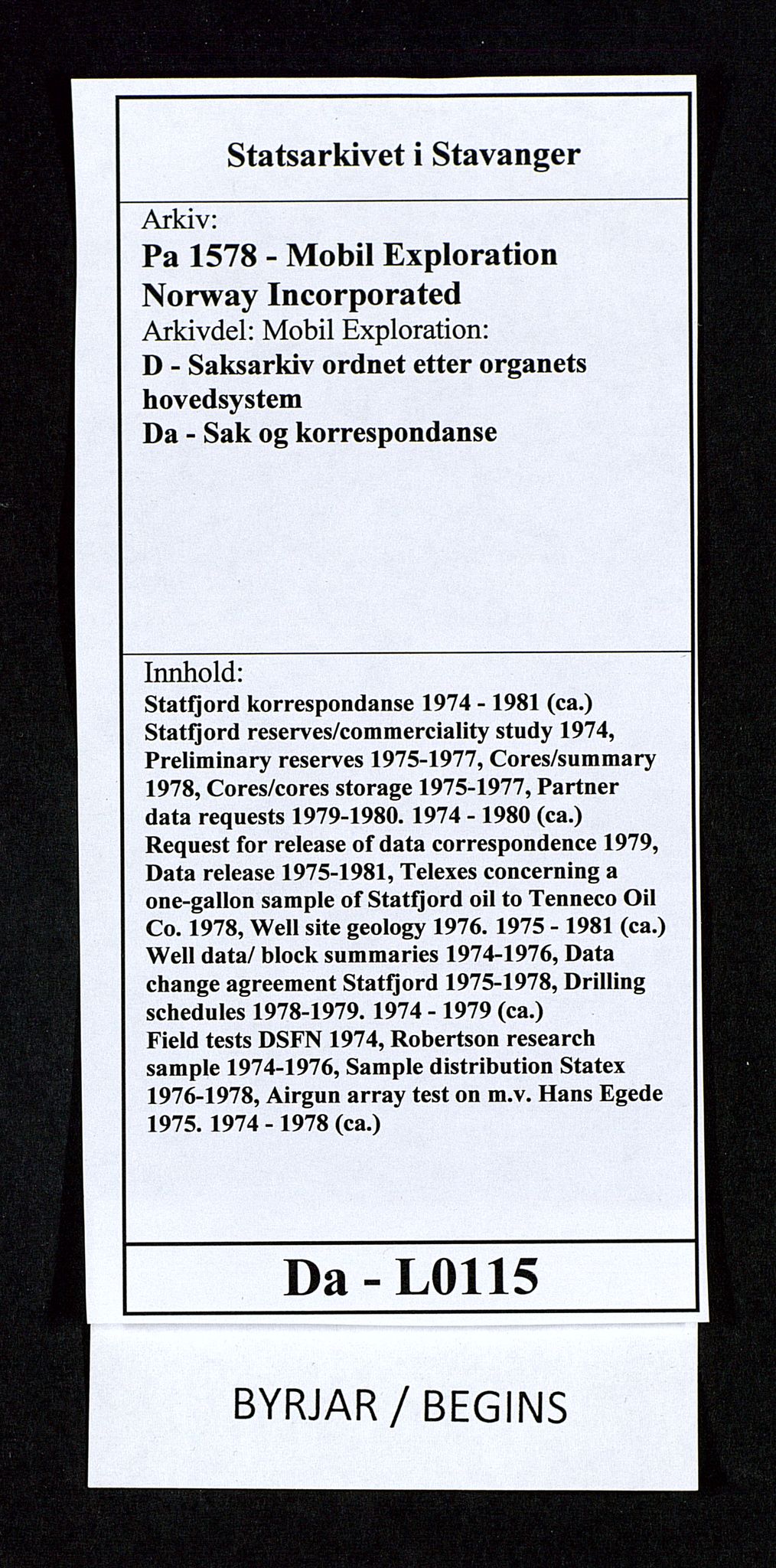Pa 1578 - Mobil Exploration Norway Incorporated, AV/SAST-A-102024/4/D/Da/L0115: S.E. Smith - Sak og korrespondanse, 1974-1981, s. 1