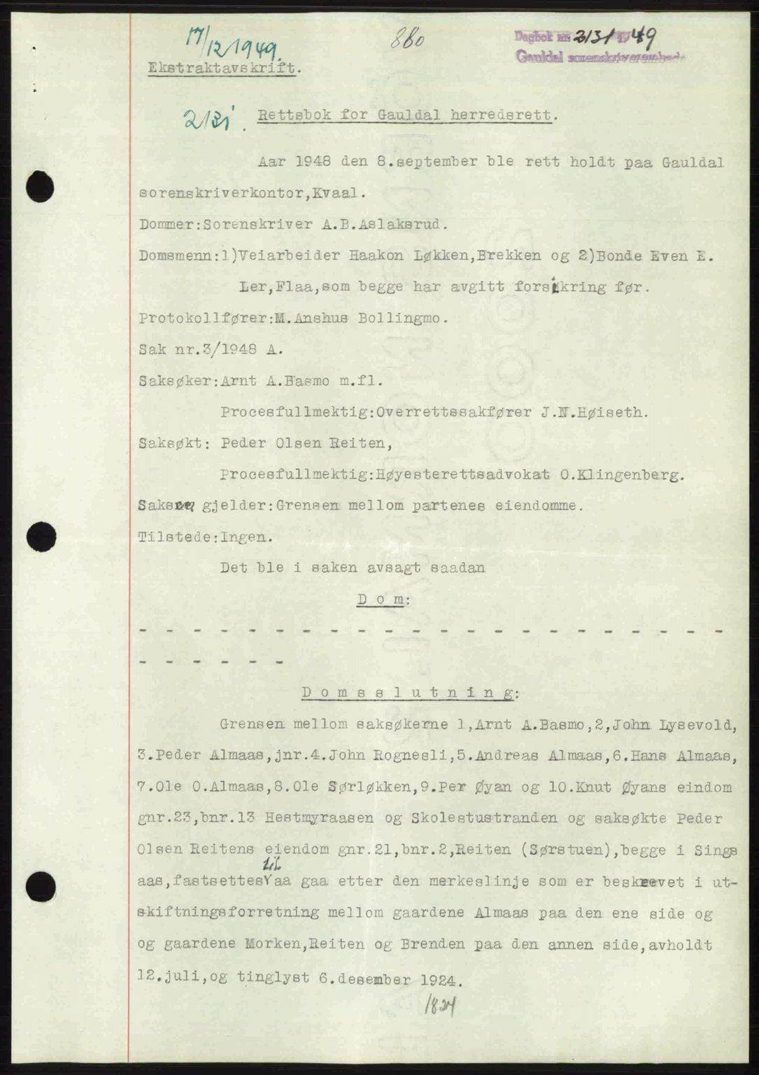 Gauldal sorenskriveri, SAT/A-0014/1/2/2C: Pantebok nr. A9, 1949-1950, Dagboknr: 2131/1949