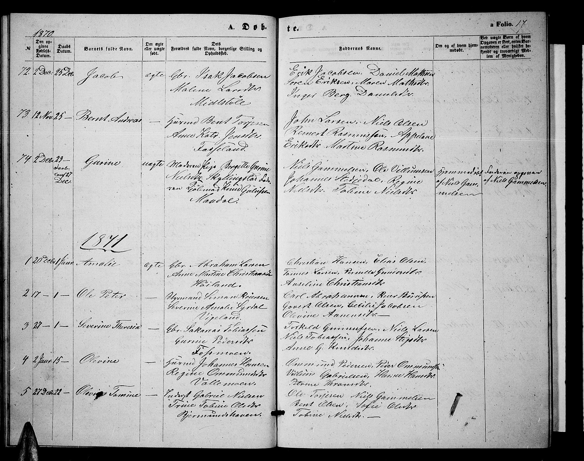 Sør-Audnedal sokneprestkontor, SAK/1111-0039/F/Fb/Fbb/L0004: Klokkerbok nr. B 4, 1868-1879, s. 17