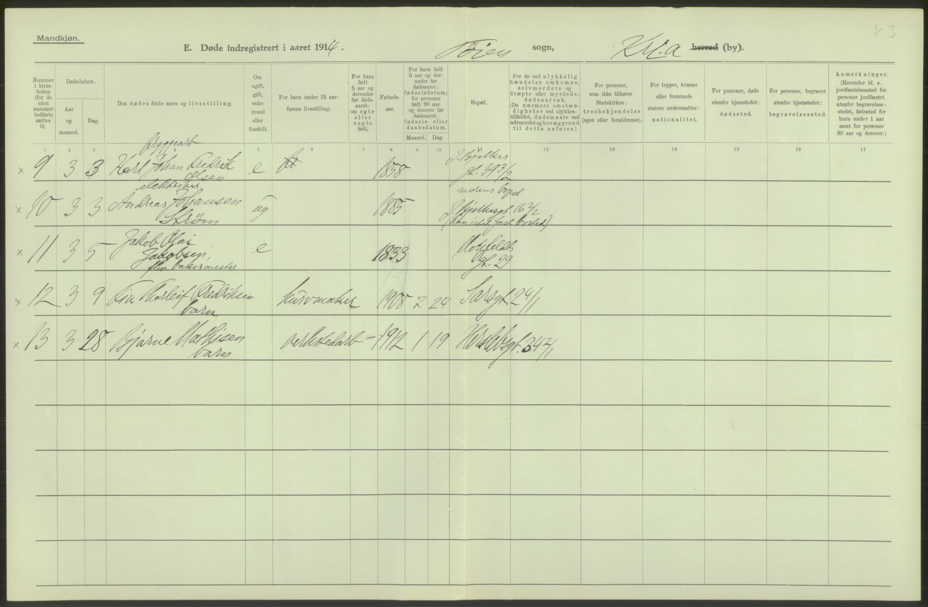 Statistisk sentralbyrå, Sosiodemografiske emner, Befolkning, AV/RA-S-2228/D/Df/Dfb/Dfbd/L0008: Kristiania: Døde, 1914, s. 86