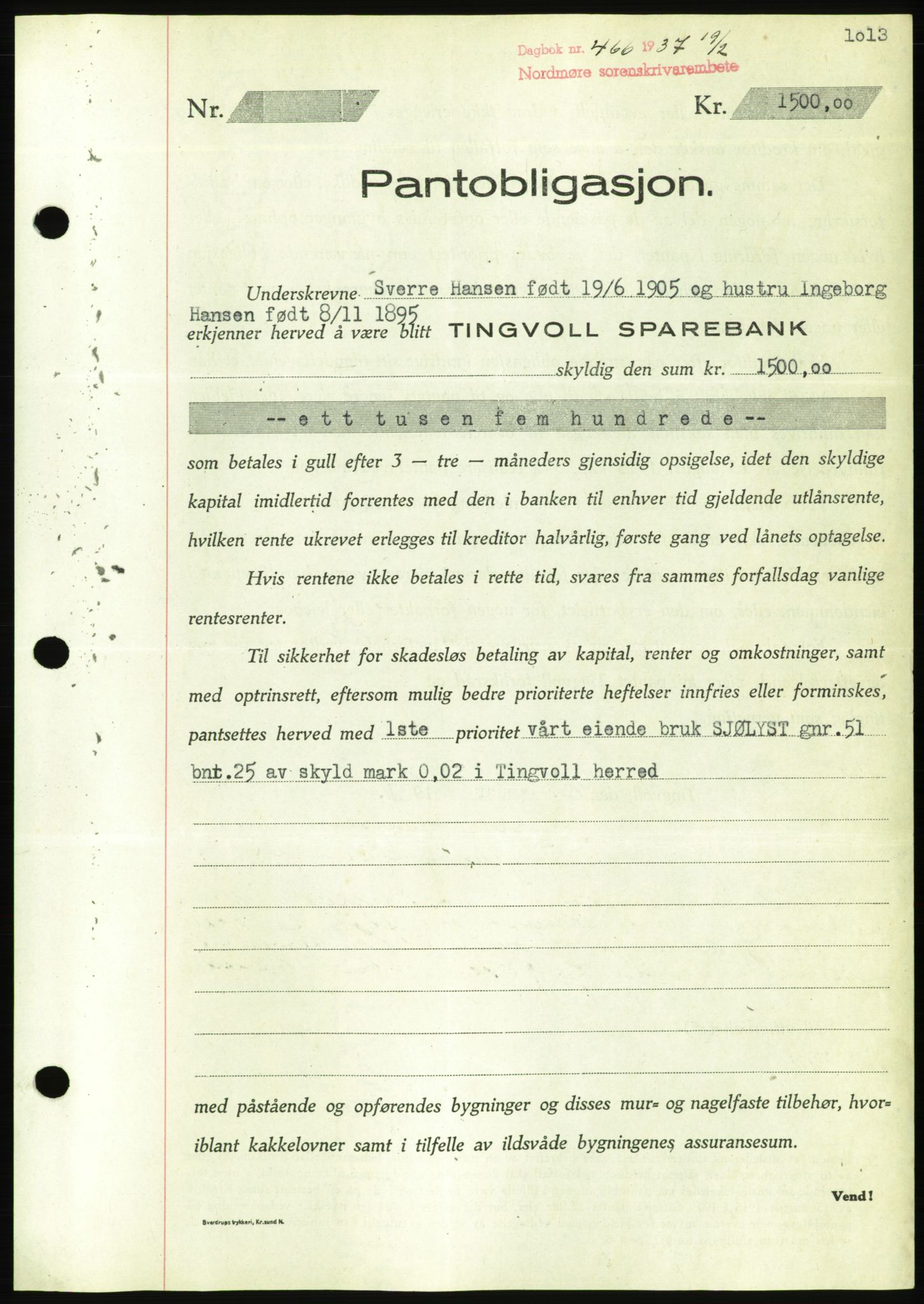 Nordmøre sorenskriveri, AV/SAT-A-4132/1/2/2Ca/L0090: Pantebok nr. B80, 1936-1937, Dagboknr: 466/1937