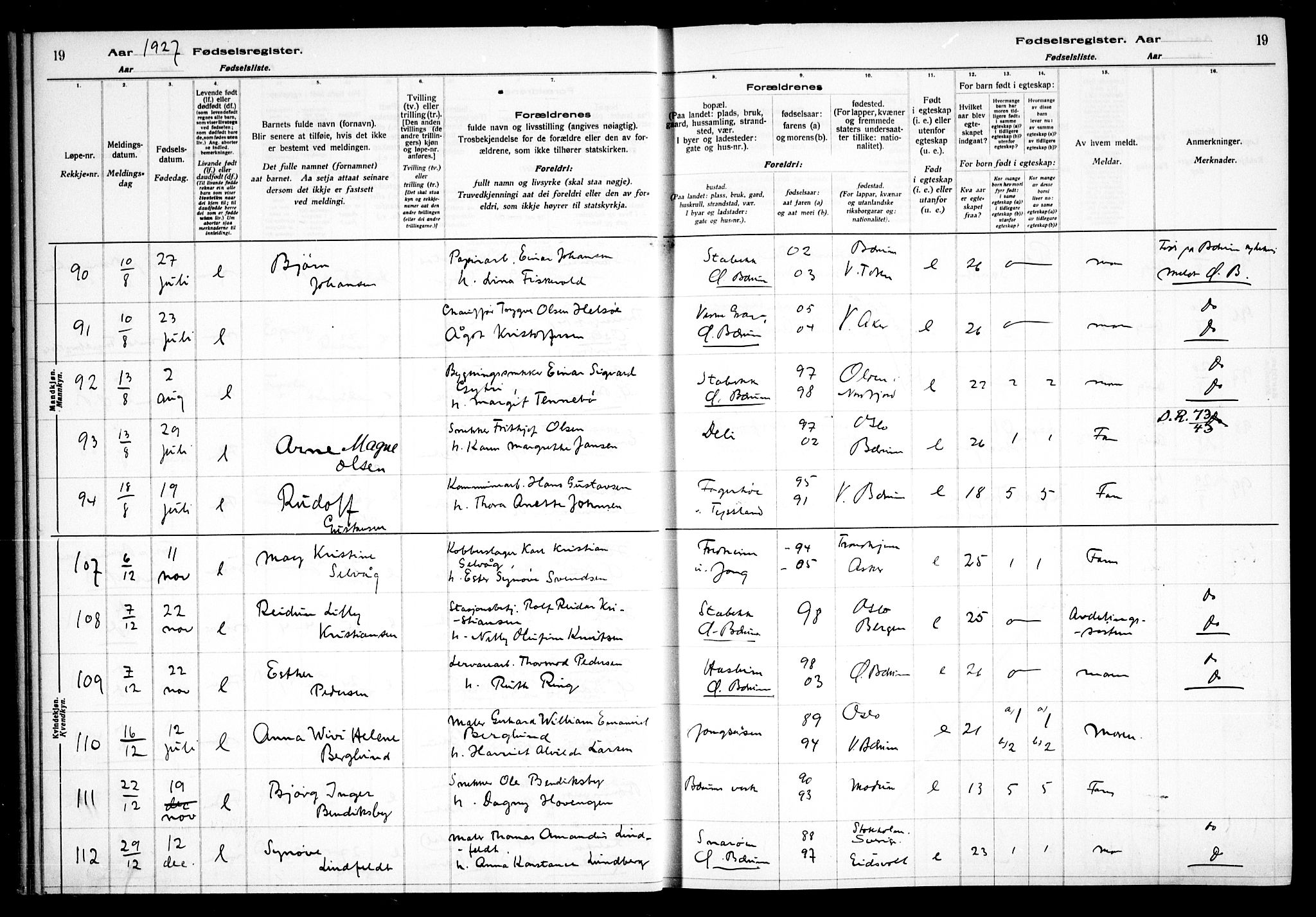 Vestre Bærum prestekontor Kirkebøker, AV/SAO-A-10209a/J/L0002: Fødselsregister nr. 2, 1927-1933, s. 19