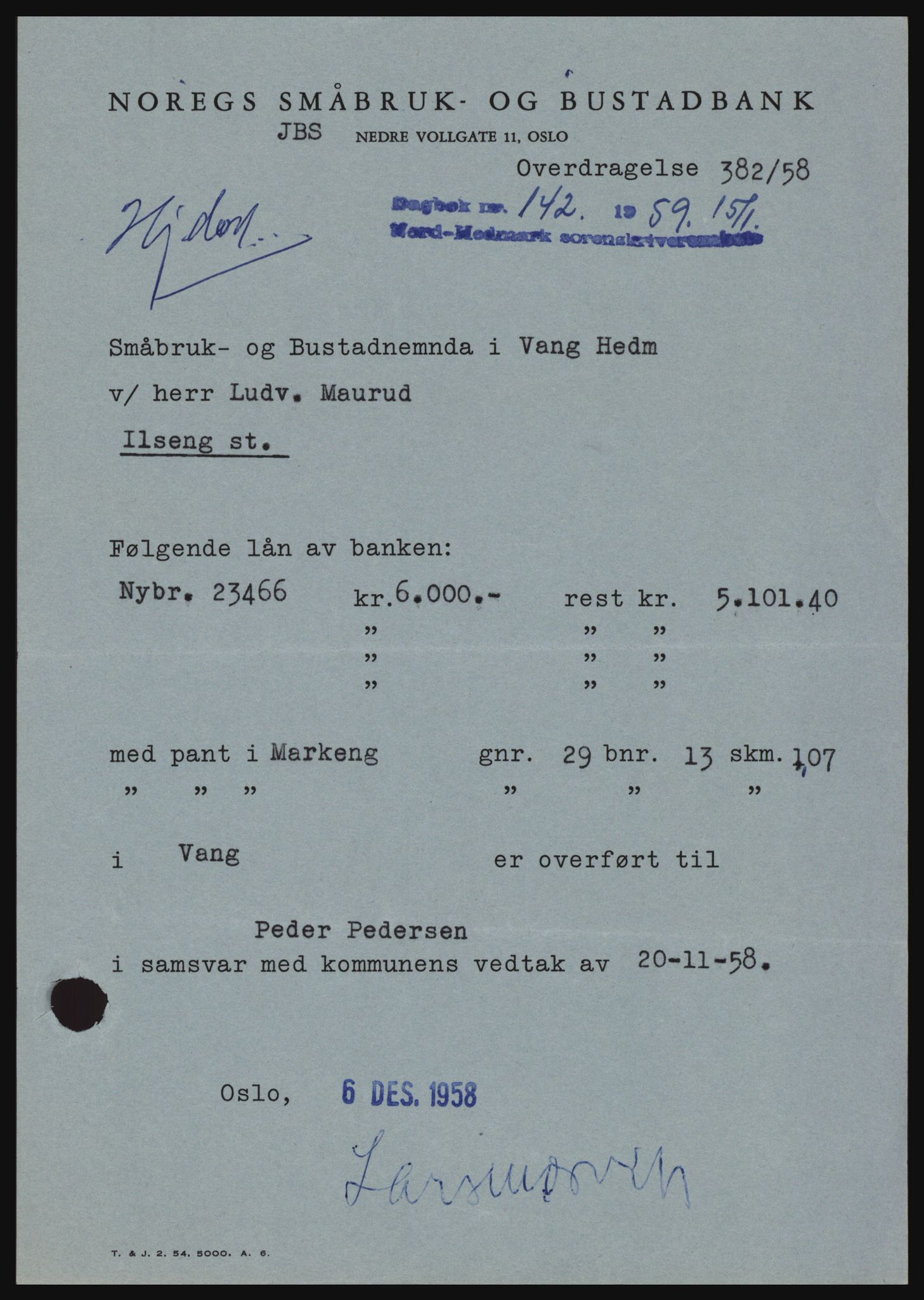 Nord-Hedmark sorenskriveri, SAH/TING-012/H/Hc/L0013: Pantebok nr. 13, 1959-1960, Dagboknr: 142/1959