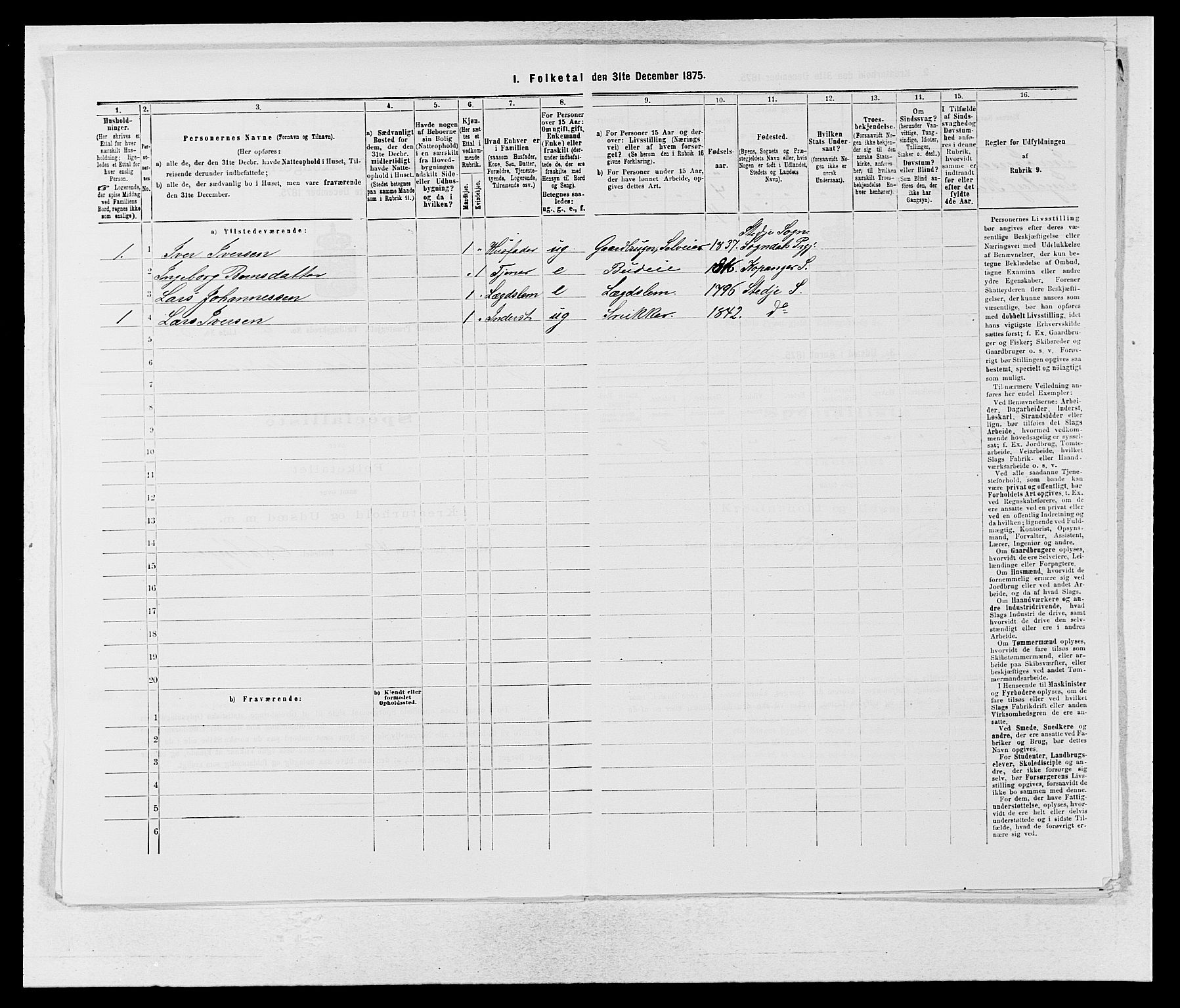 SAB, Folketelling 1875 for 1420P Sogndal prestegjeld, 1875, s. 309