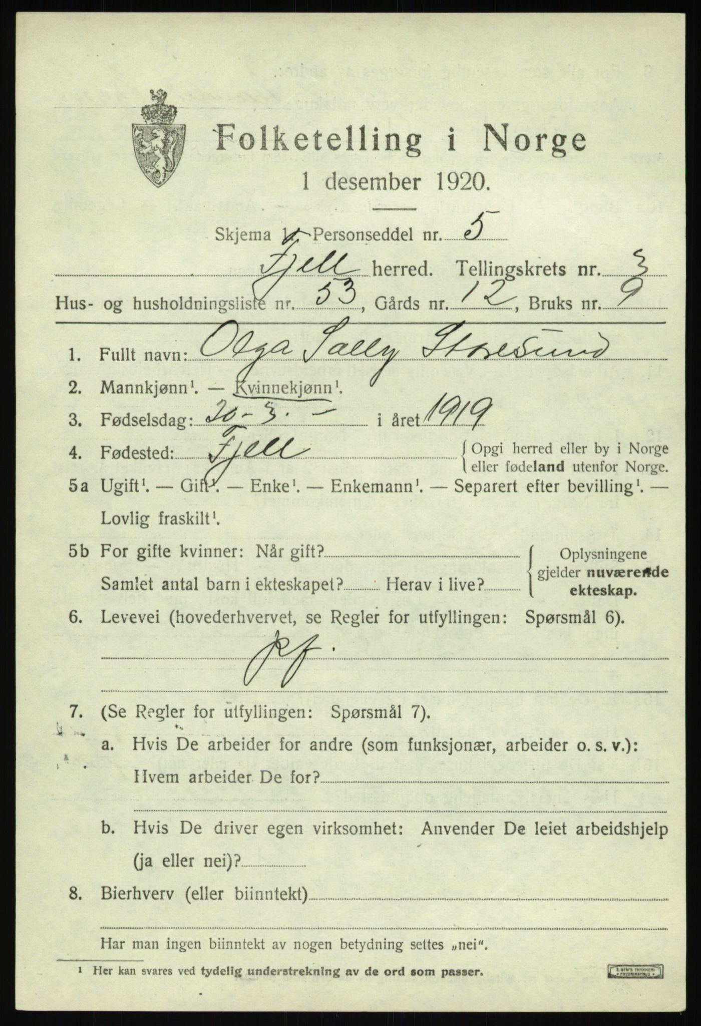 SAB, Folketelling 1920 for 1246 Fjell herred, 1920, s. 3664