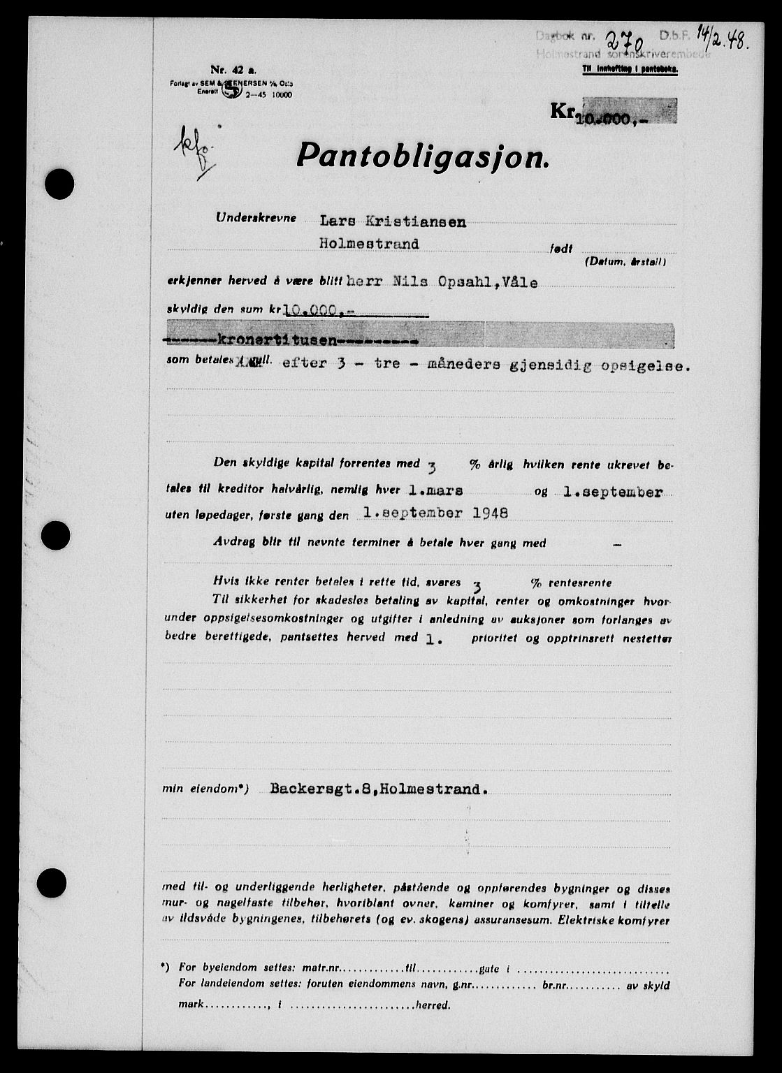 Holmestrand sorenskriveri, SAKO/A-67/G/Ga/Gab/L0058: Pantebok nr. B-58, 1947-1948, Dagboknr: 270/1948