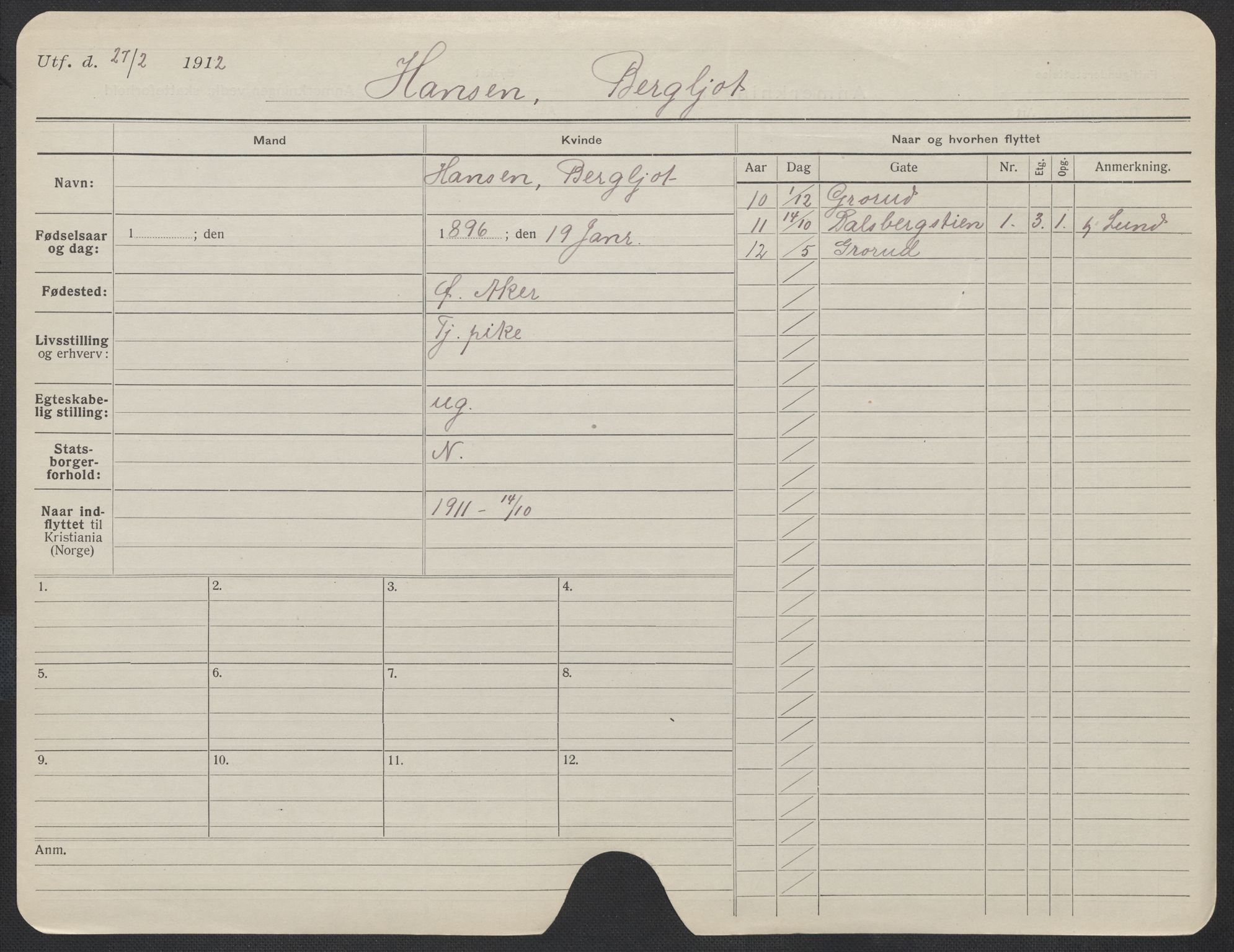 Oslo folkeregister, Registerkort, AV/SAO-A-11715/F/Fa/Fac/L0015: Kvinner, 1906-1914, s. 1026a