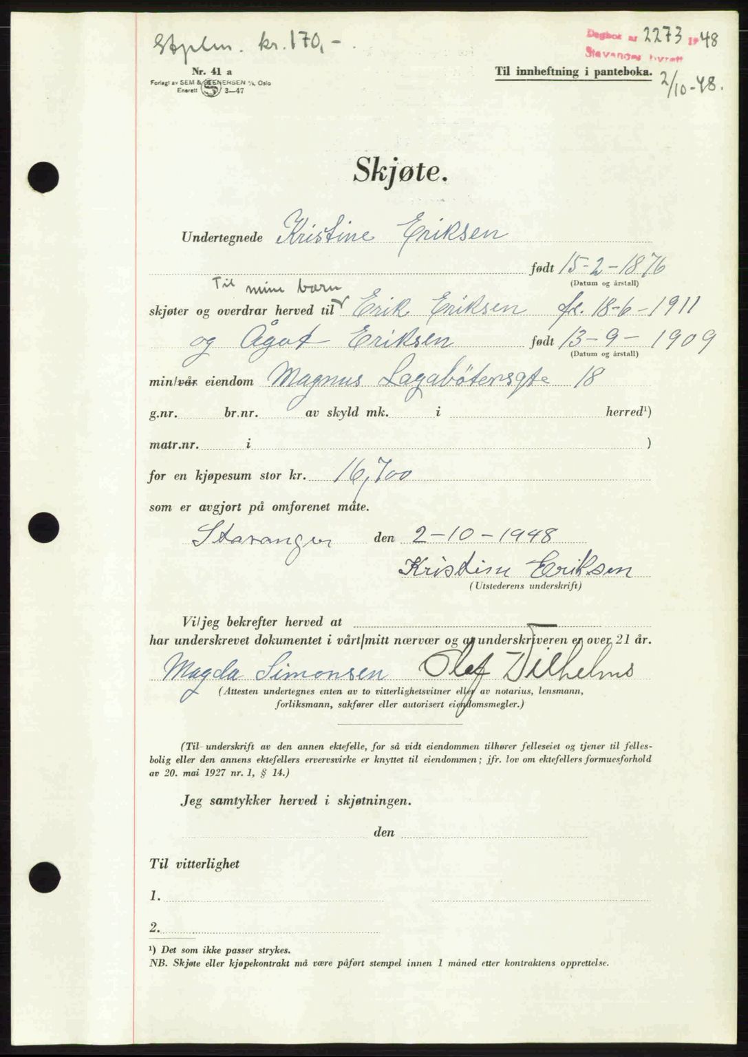 Stavanger byrett, SAST/A-100455/002/G/Gb/L0023: Pantebok nr. A12, 1948-1949, Dagboknr: 2273/1948