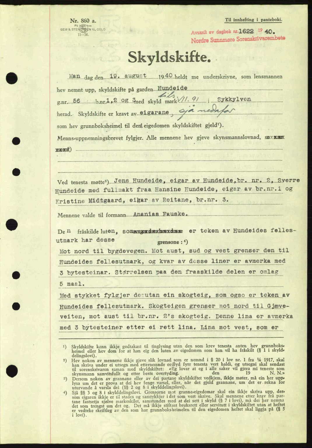 Nordre Sunnmøre sorenskriveri, SAT/A-0006/1/2/2C/2Ca: Pantebok nr. A10, 1940-1941, Dagboknr: 1622/1940