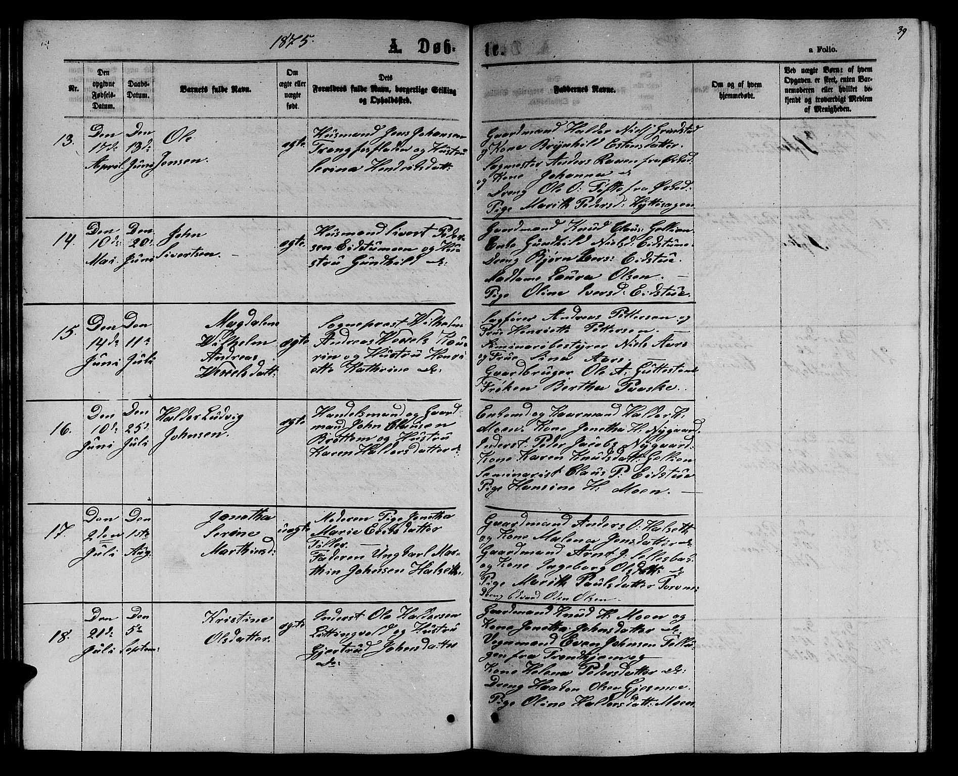 Ministerialprotokoller, klokkerbøker og fødselsregistre - Sør-Trøndelag, SAT/A-1456/618/L0451: Klokkerbok nr. 618C02, 1865-1883, s. 39