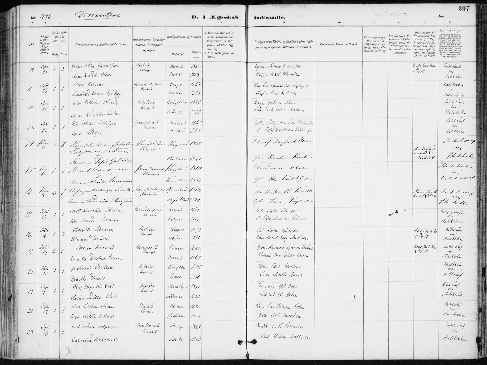Kristiansand domprosti, AV/SAK-1112-0006/F/Fa/L0019: Ministerialbok nr. A 18, 1890-1897, s. 397