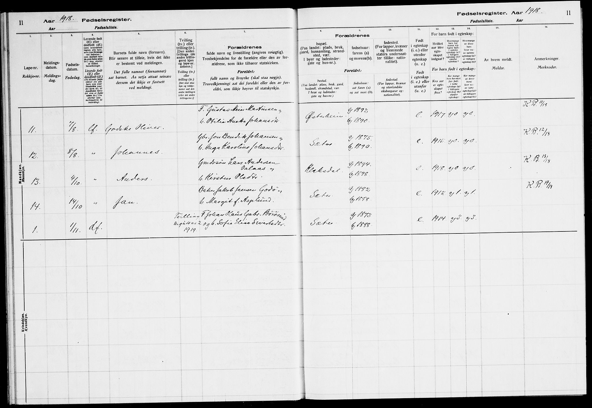 Ministerialprotokoller, klokkerbøker og fødselsregistre - Sør-Trøndelag, SAT/A-1456/651/L0650: Fødselsregister nr. 651.II.4.1, 1916-1923, s. 11