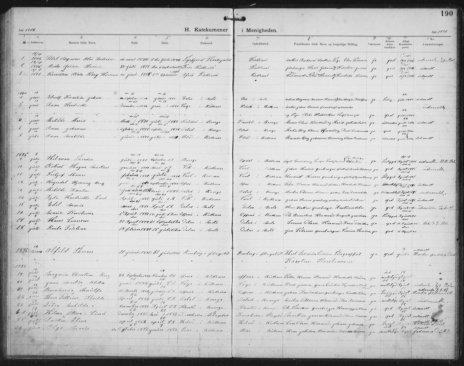 Ministerialprotokoller, klokkerbøker og fødselsregistre - Nordland, AV/SAT-A-1459/881/L1174: Dissenterprotokoll nr. 881D01, 1891-1933, s. 190