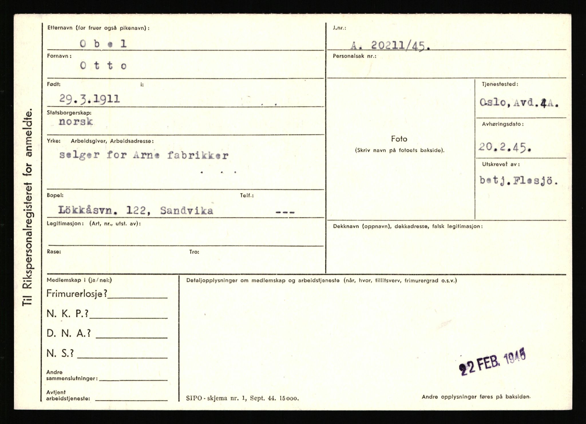 Statspolitiet - Hovedkontoret / Osloavdelingen, AV/RA-S-1329/C/Ca/L0012: Oanæs - Quistgaard	, 1943-1945, s. 6