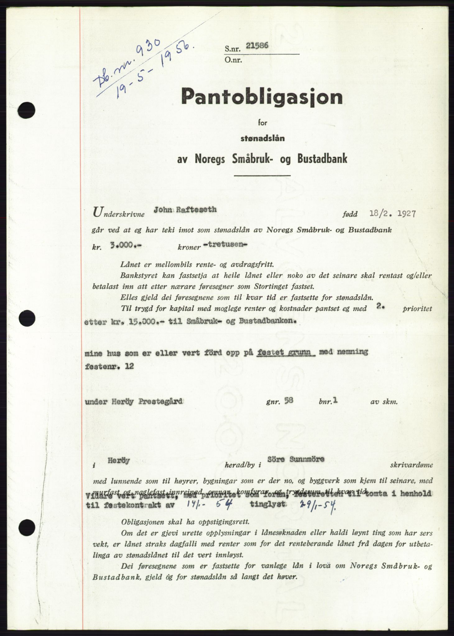 Søre Sunnmøre sorenskriveri, SAT/A-4122/1/2/2C/L0128: Pantebok nr. 16B, 1956-1956, Dagboknr: 930/1956