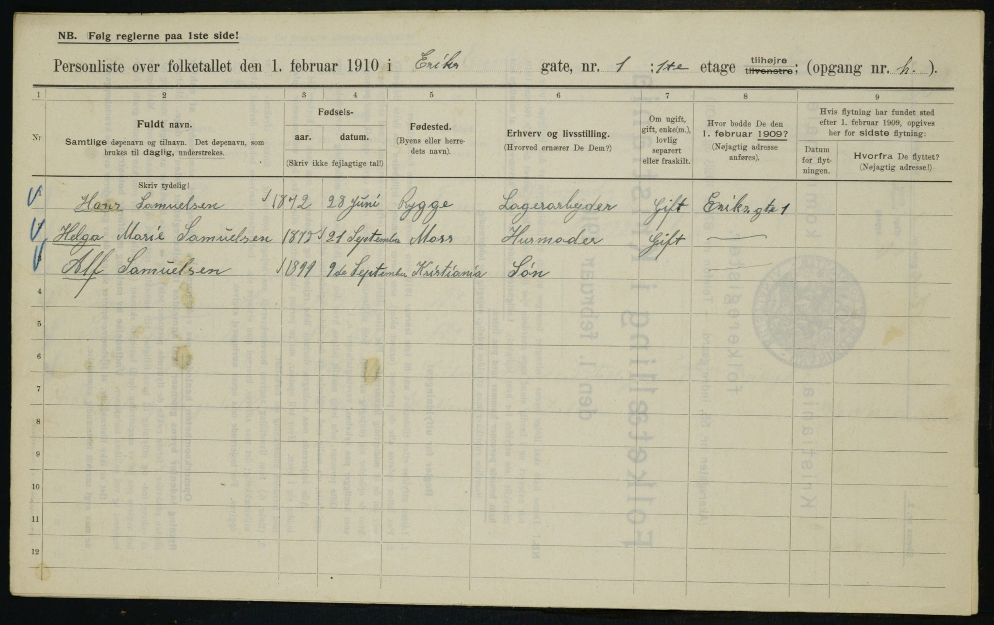 OBA, Kommunal folketelling 1.2.1910 for Kristiania, 1910, s. 20119