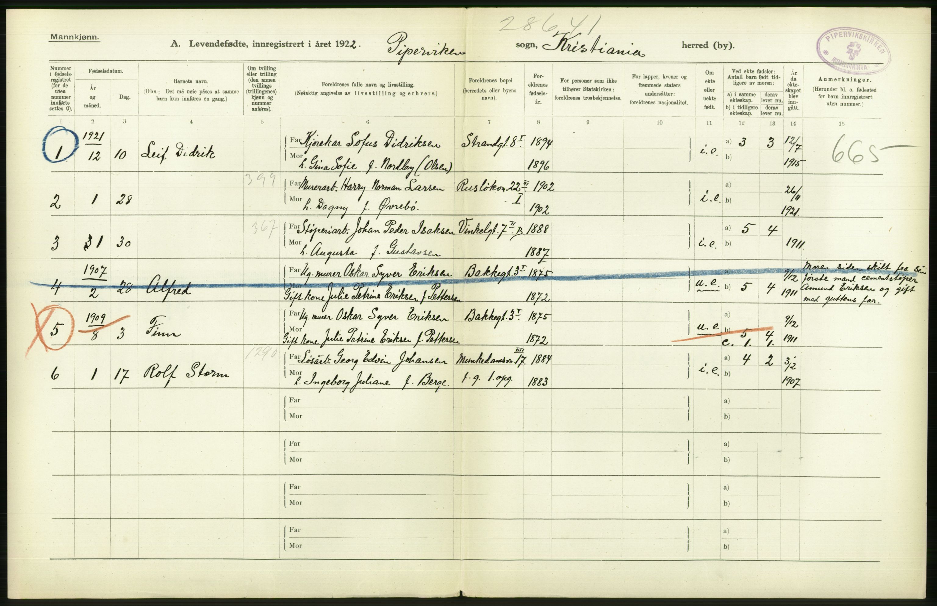 Statistisk sentralbyrå, Sosiodemografiske emner, Befolkning, AV/RA-S-2228/D/Df/Dfc/Dfcb/L0007: Kristiania: Levendefødte menn og kvinner., 1922, s. 104