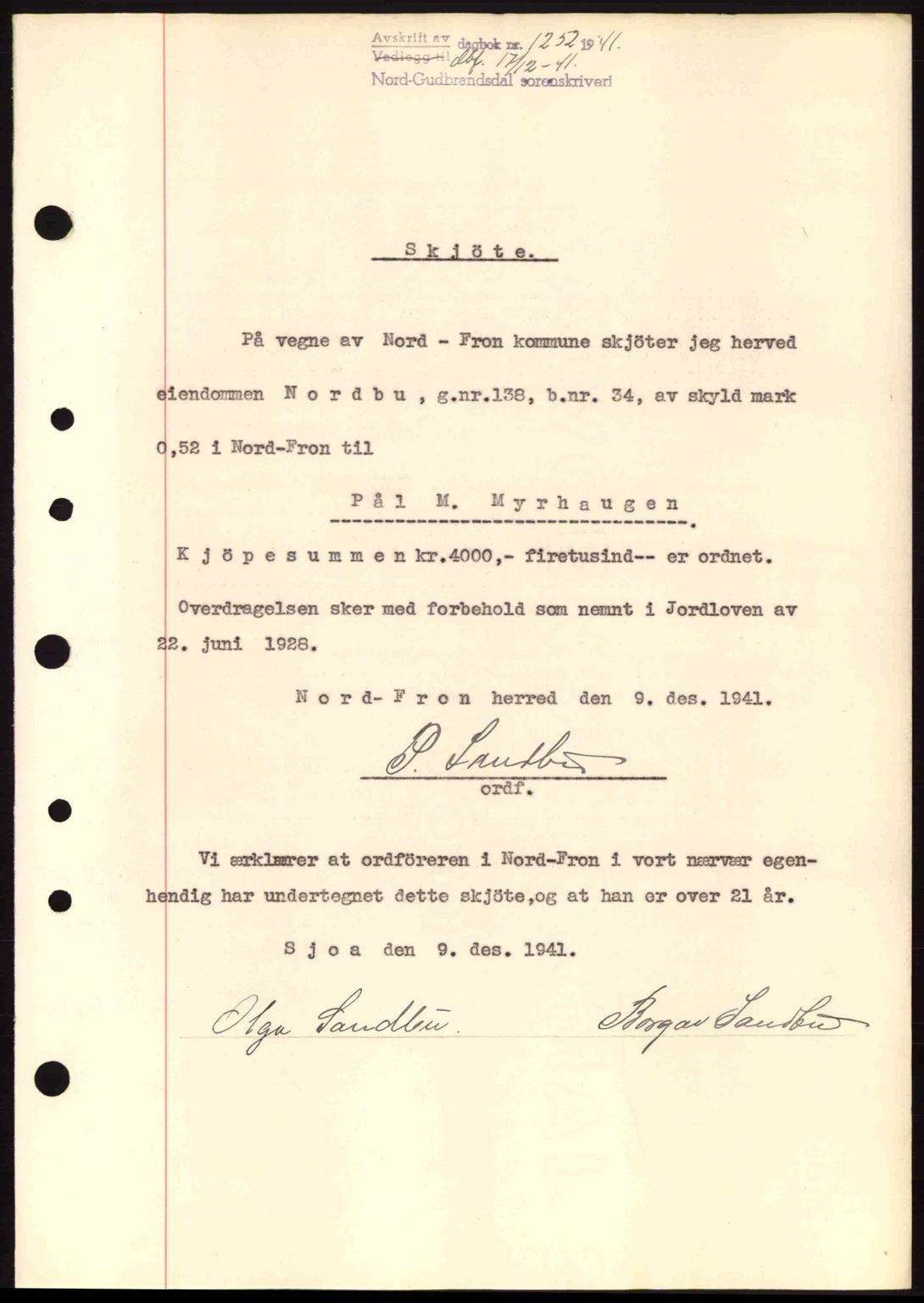 Nord-Gudbrandsdal tingrett, SAH/TING-002/H/Hb/Hbb/L0007: Pantebok nr. FA7, 1941-1941, Dagboknr: 1252/1941