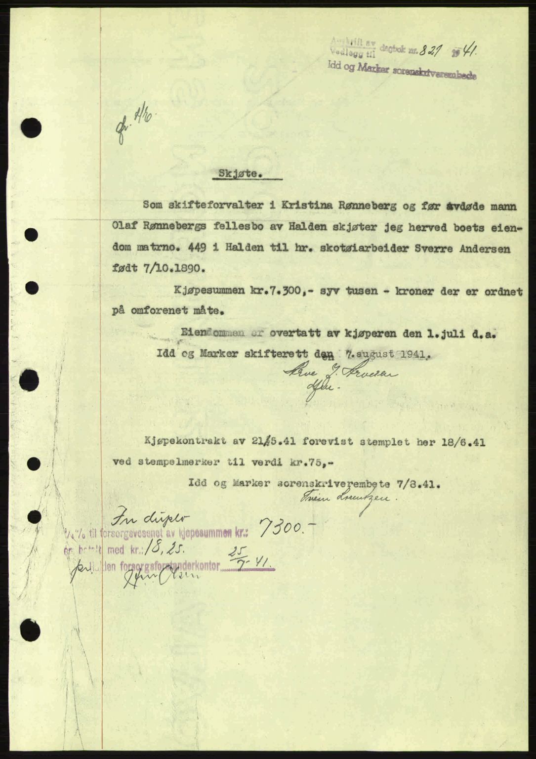 Idd og Marker sorenskriveri, AV/SAO-A-10283/G/Gb/Gbb/L0004: Pantebok nr. A4, 1940-1941, Dagboknr: 821/1941