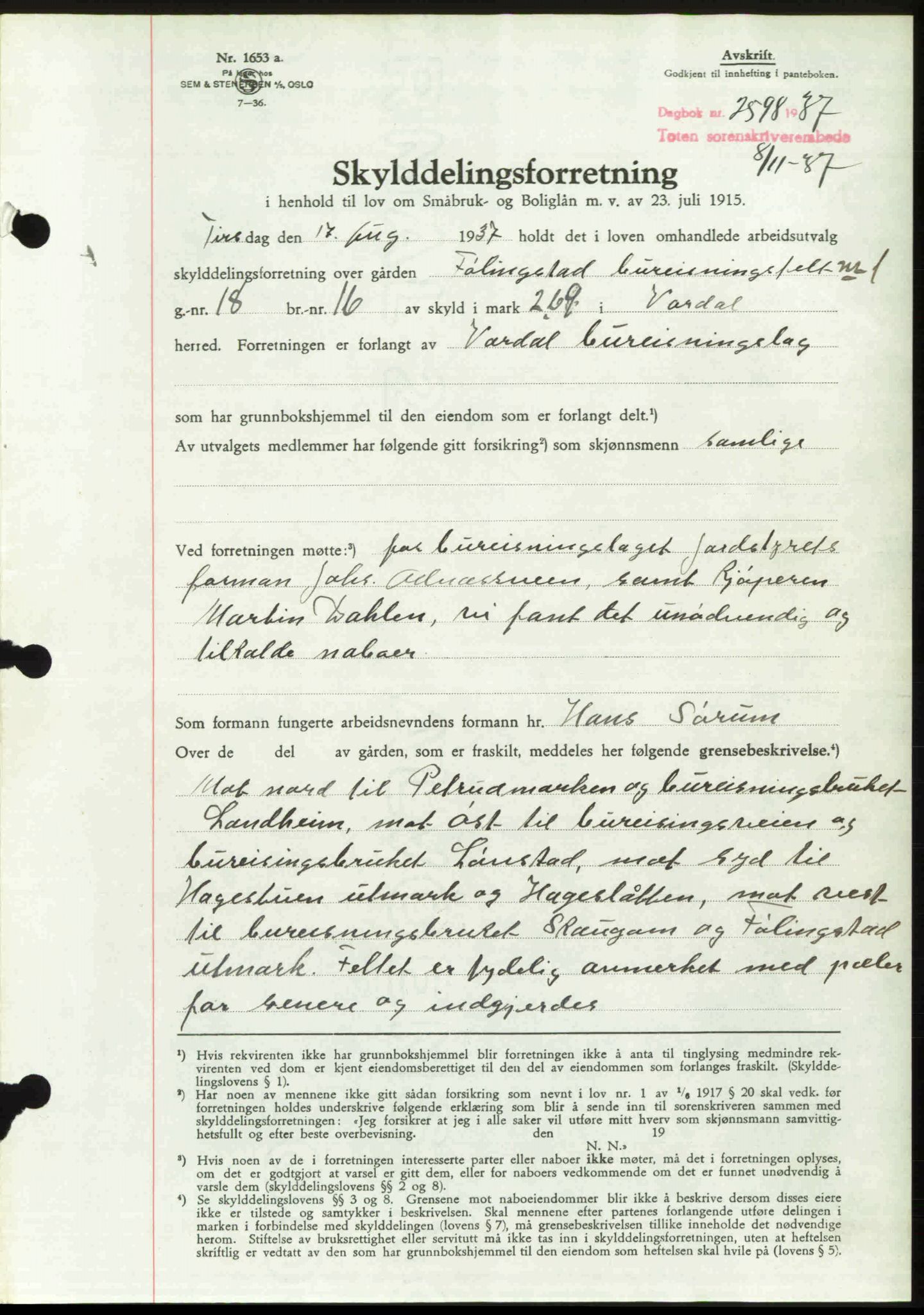 Toten tingrett, SAH/TING-006/H/Hb/Hbc/L0003: Pantebok nr. Hbc-03, 1937-1938, Dagboknr: 2598/1937