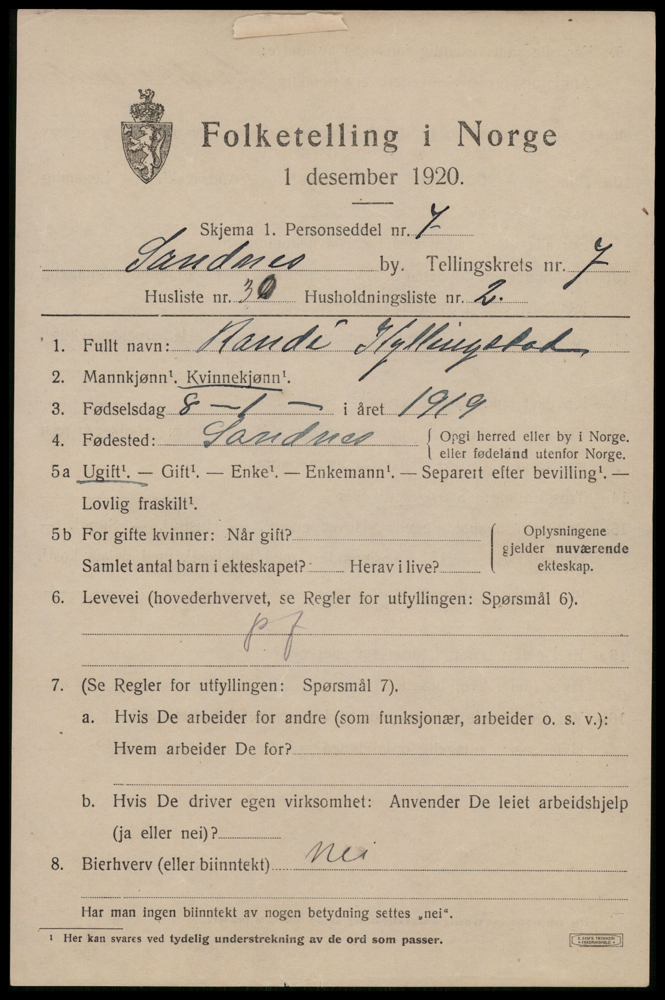 SAST, Folketelling 1920 for 1102 Sandnes ladested, 1920, s. 5788