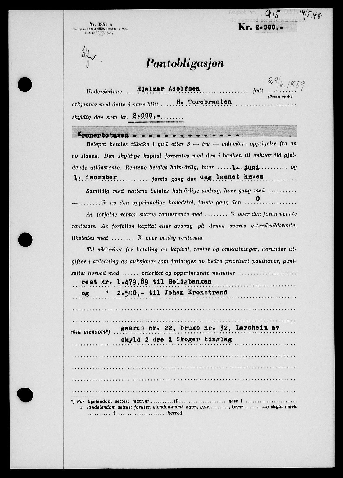 Holmestrand sorenskriveri, SAKO/A-67/G/Ga/Gab/L0058: Pantebok nr. B-58, 1947-1948, Dagboknr: 915/1948