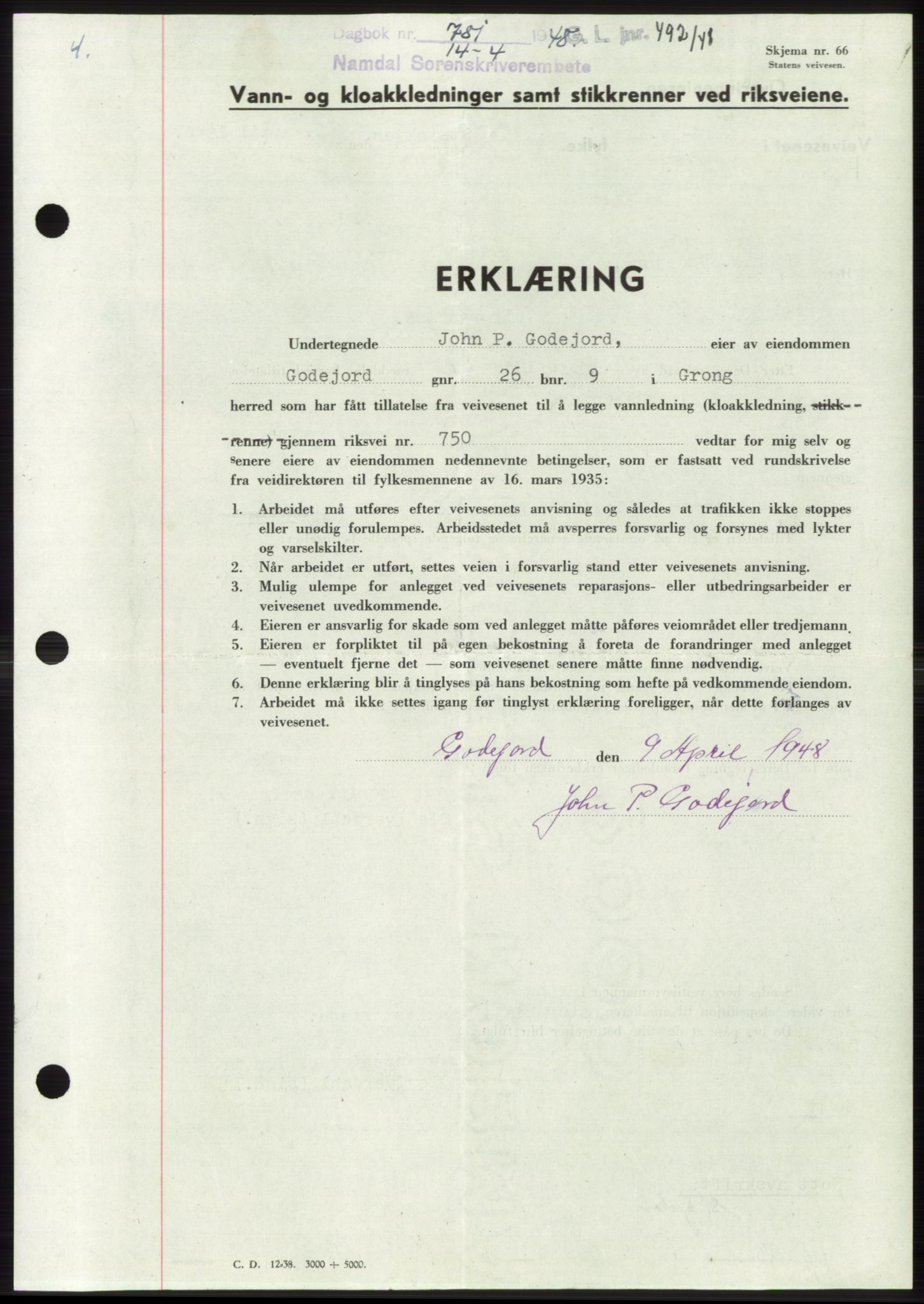 Namdal sorenskriveri, SAT/A-4133/1/2/2C: Pantebok nr. -, 1947-1948, Dagboknr: 781/1948