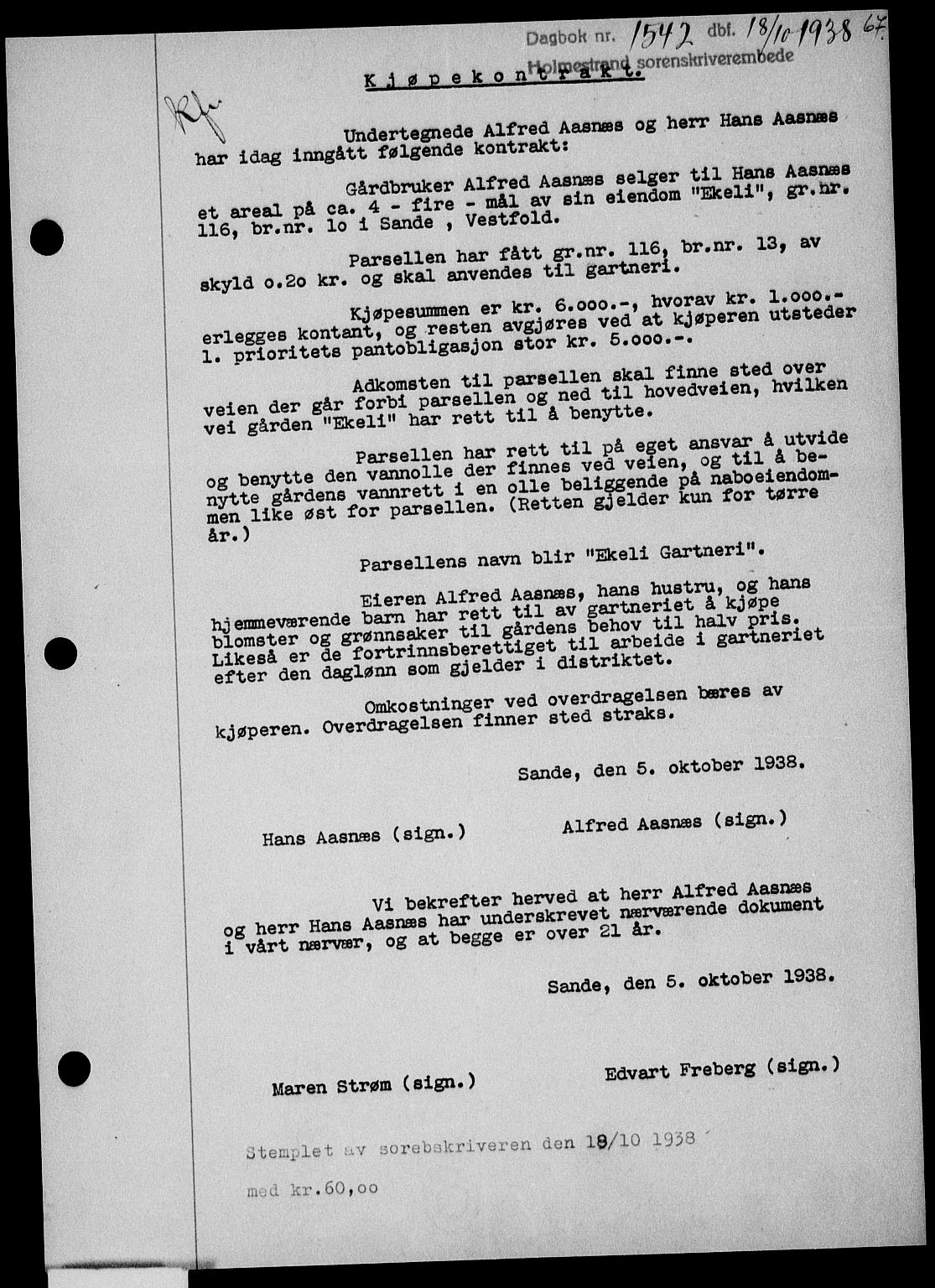 Holmestrand sorenskriveri, SAKO/A-67/G/Ga/Gaa/L0050: Pantebok nr. A-50, 1938-1939, Dagboknr: 1542/1938