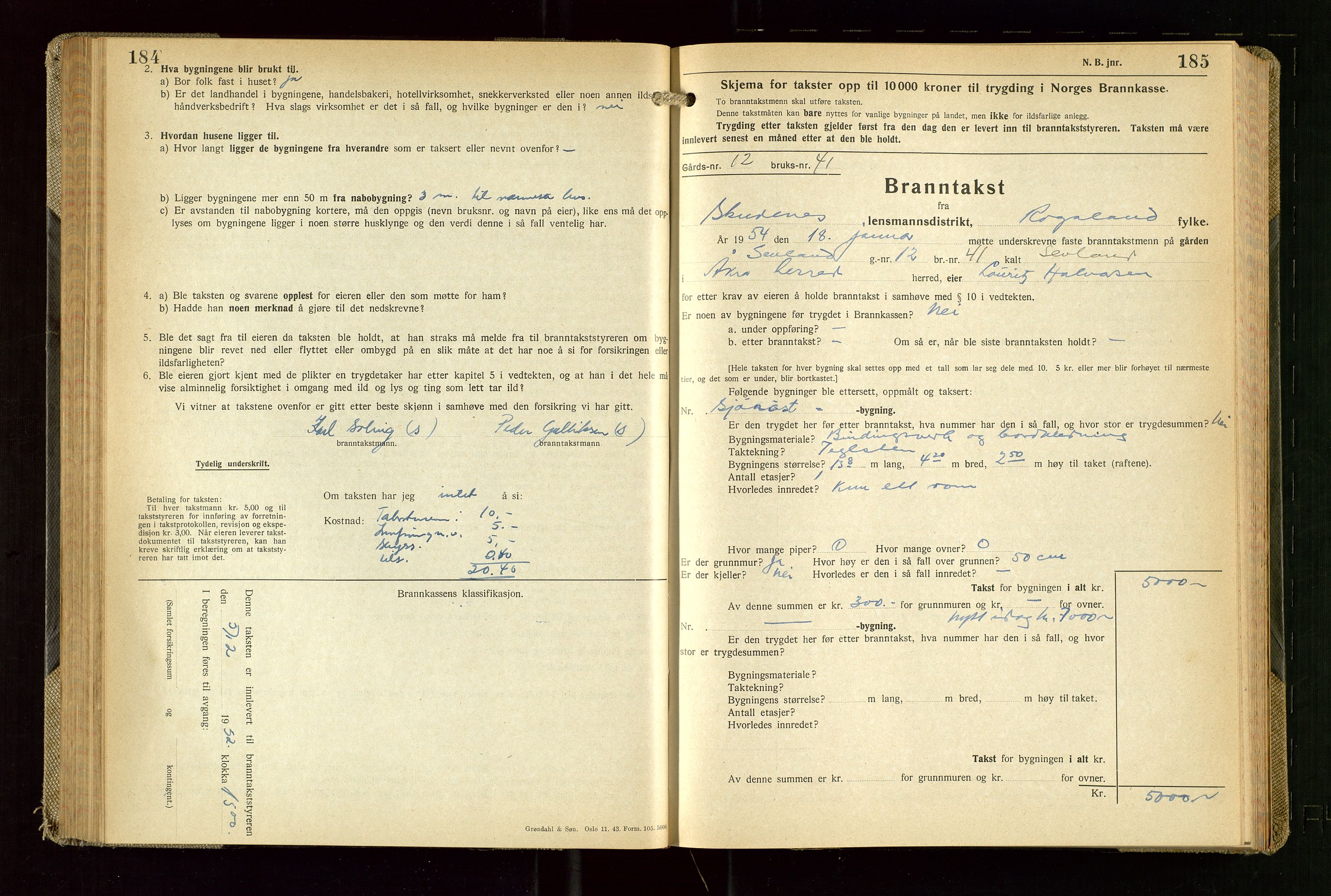 Skudenes lensmannskontor, SAST/A-100444/Gob/L0003: "Brandtakstprotokoll", 1942-1954, s. 184-185