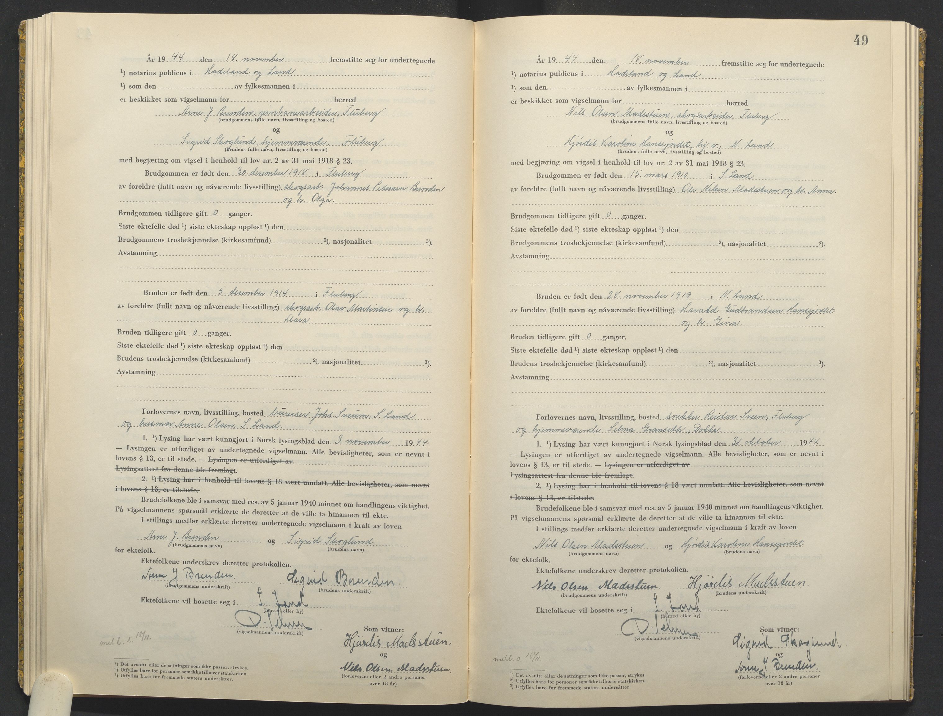 Hadeland og Land tingrett, AV/SAH-TING-010/L/Lb/L0003: Vigselbok, 1944-1946, s. 49