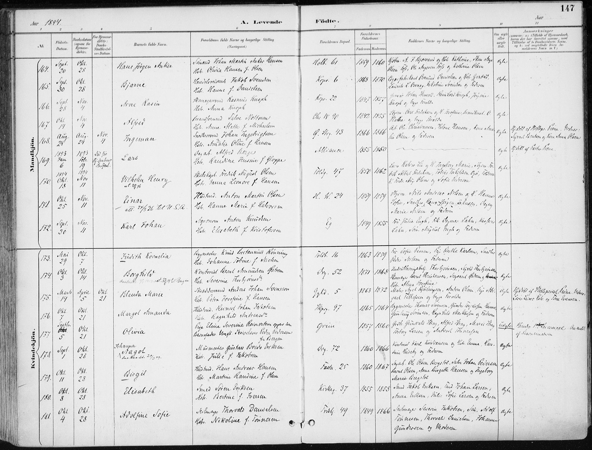 Kristiansand domprosti, AV/SAK-1112-0006/F/Fa/L0019: Ministerialbok nr. A 18, 1890-1897, s. 147