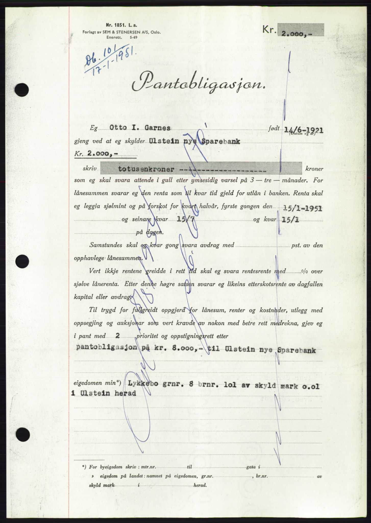 Søre Sunnmøre sorenskriveri, SAT/A-4122/1/2/2C/L0119: Pantebok nr. 7B, 1950-1951, Dagboknr: 101/1951