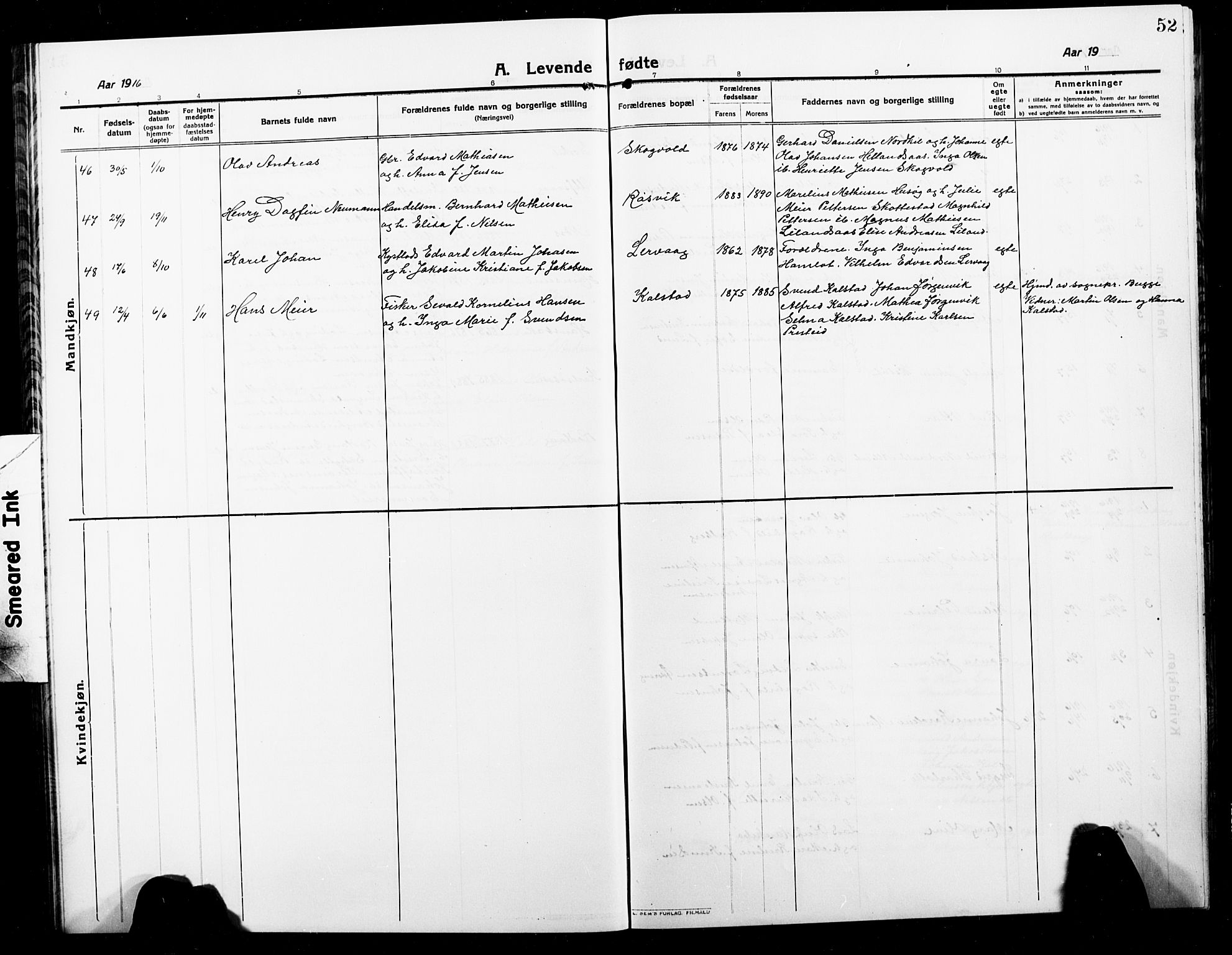 Ministerialprotokoller, klokkerbøker og fødselsregistre - Nordland, AV/SAT-A-1459/859/L0861: Klokkerbok nr. 859C07, 1910-1925, s. 52