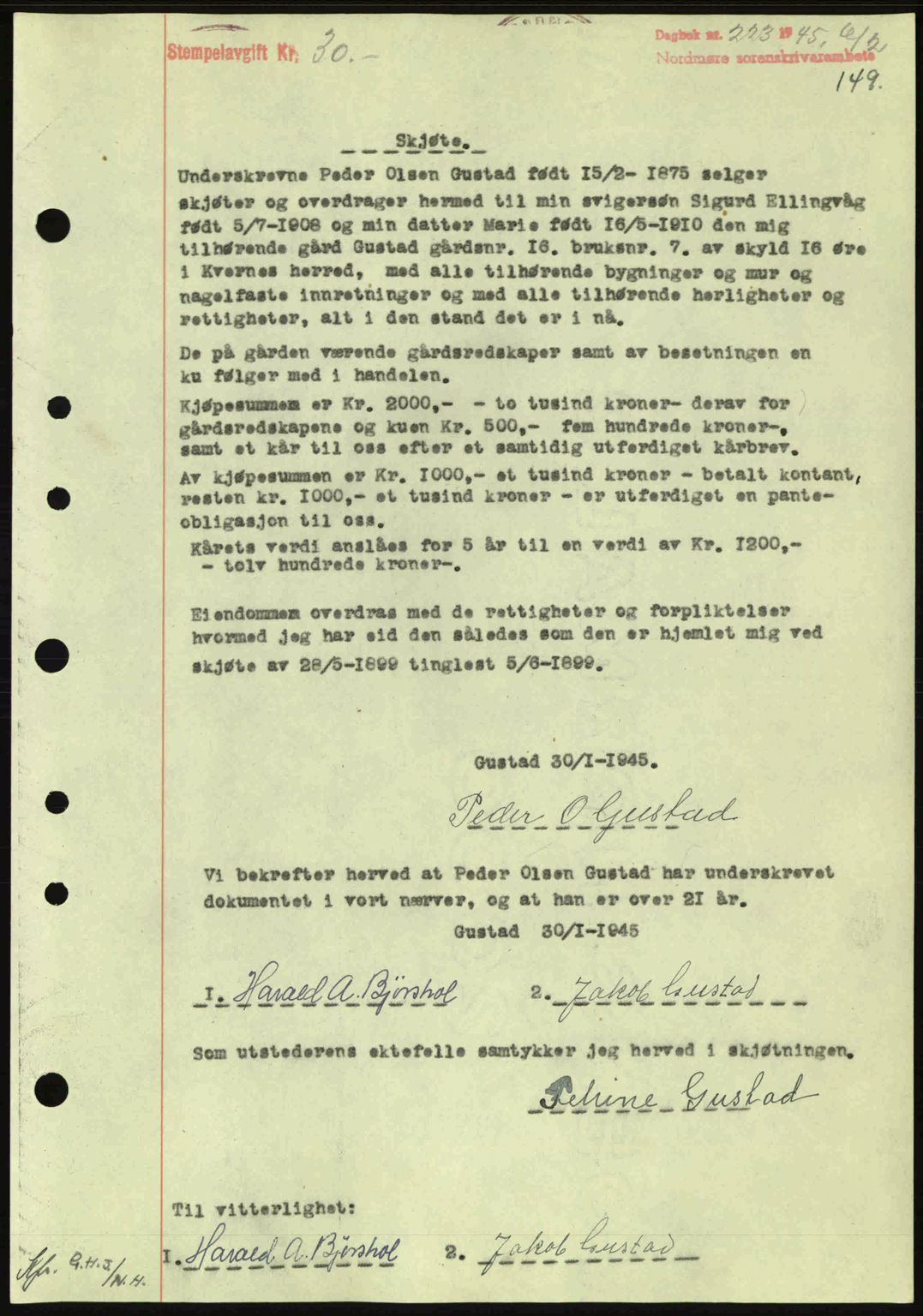 Nordmøre sorenskriveri, SAT/A-4132/1/2/2Ca: Pantebok nr. A99, 1945-1945, Dagboknr: 223/1945