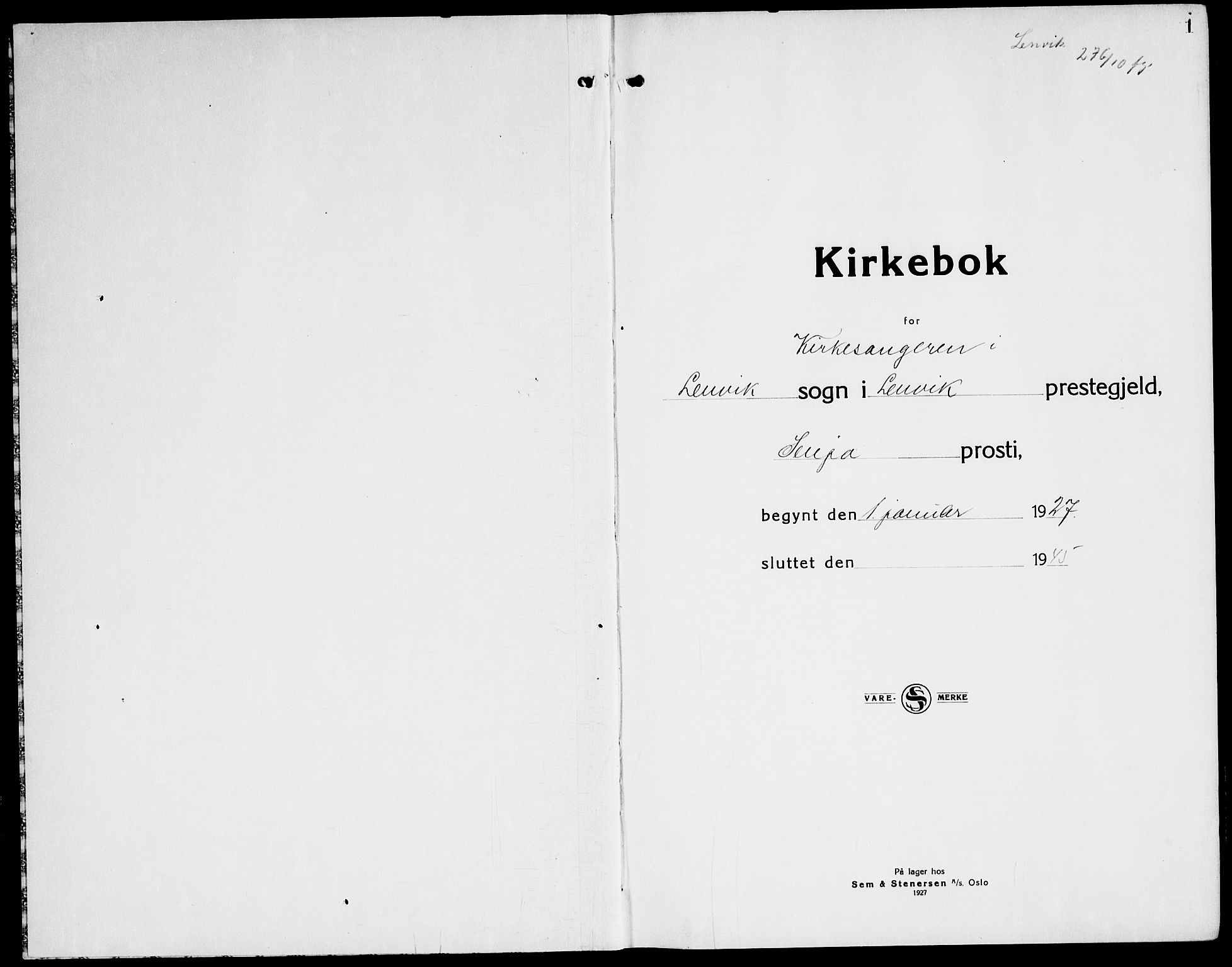Lenvik sokneprestembete, SATØ/S-1310/H/Ha/Hab/L0010klokker: Klokkerbok nr. 10, 1927-1945, s. 1