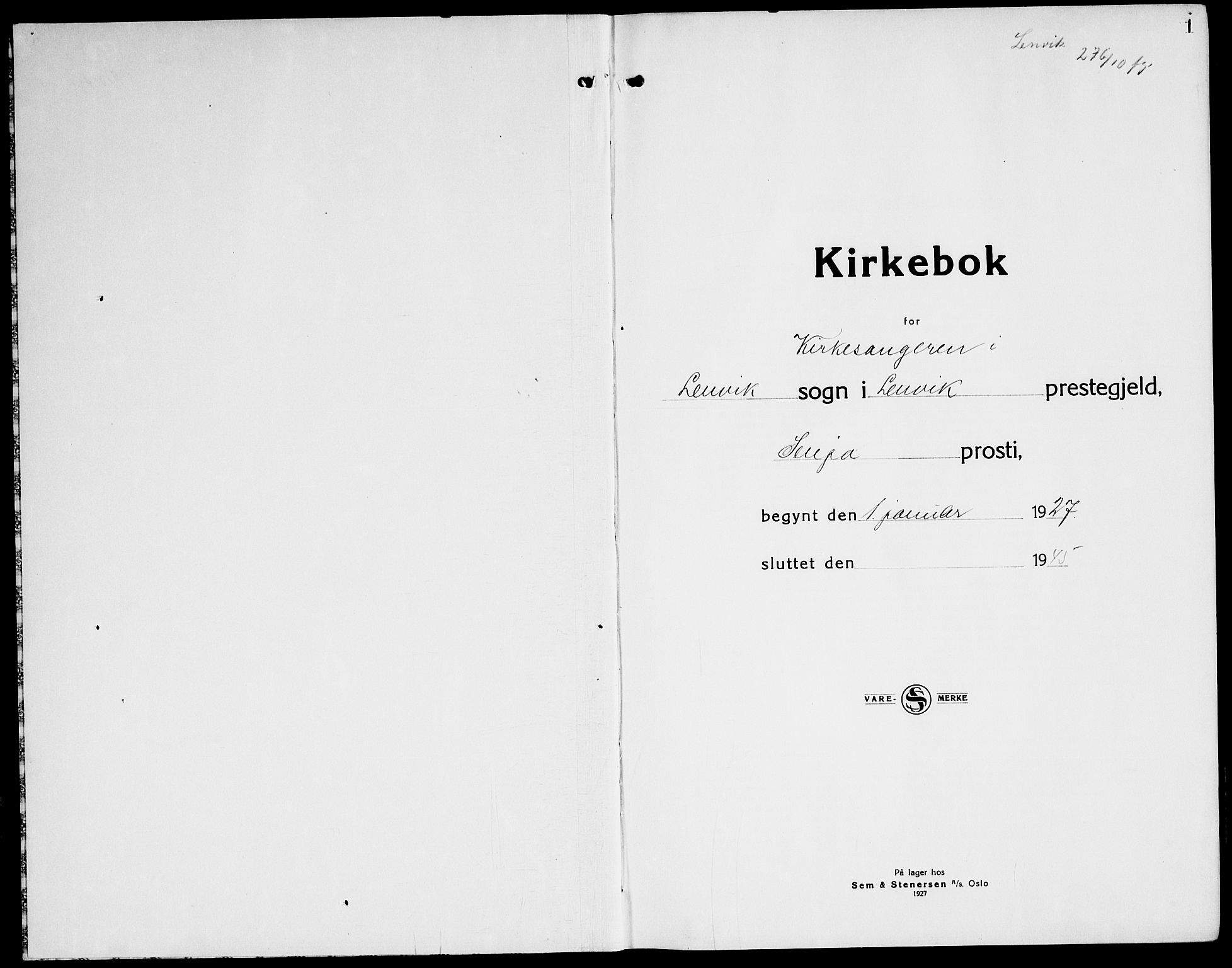 Lenvik sokneprestembete, AV/SATØ-S-1310/H/Ha/Hab/L0010klokker: Klokkerbok nr. 10, 1927-1945, s. 1
