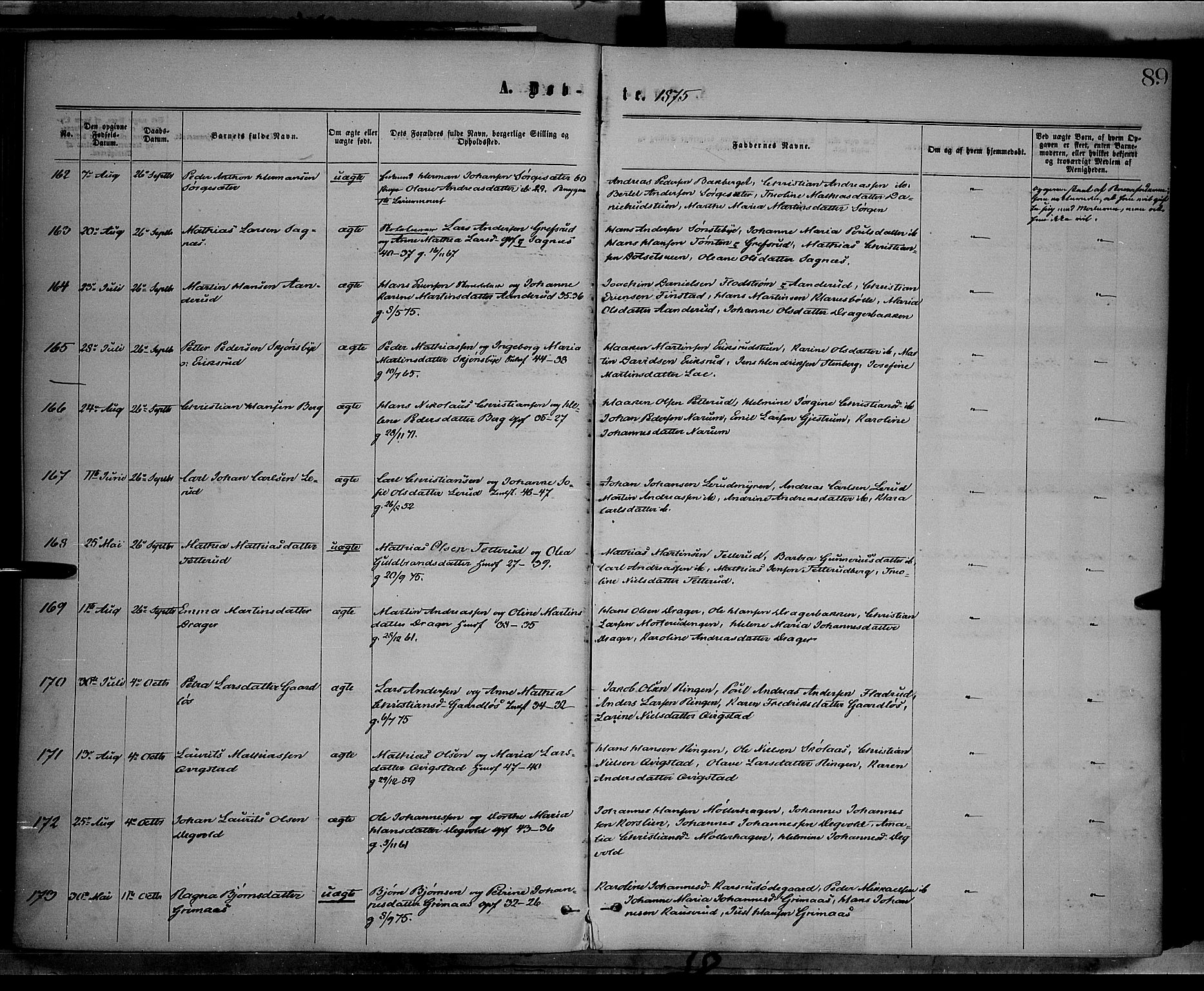 Vestre Toten prestekontor, AV/SAH-PREST-108/H/Ha/Haa/L0008: Ministerialbok nr. 8, 1870-1877, s. 89