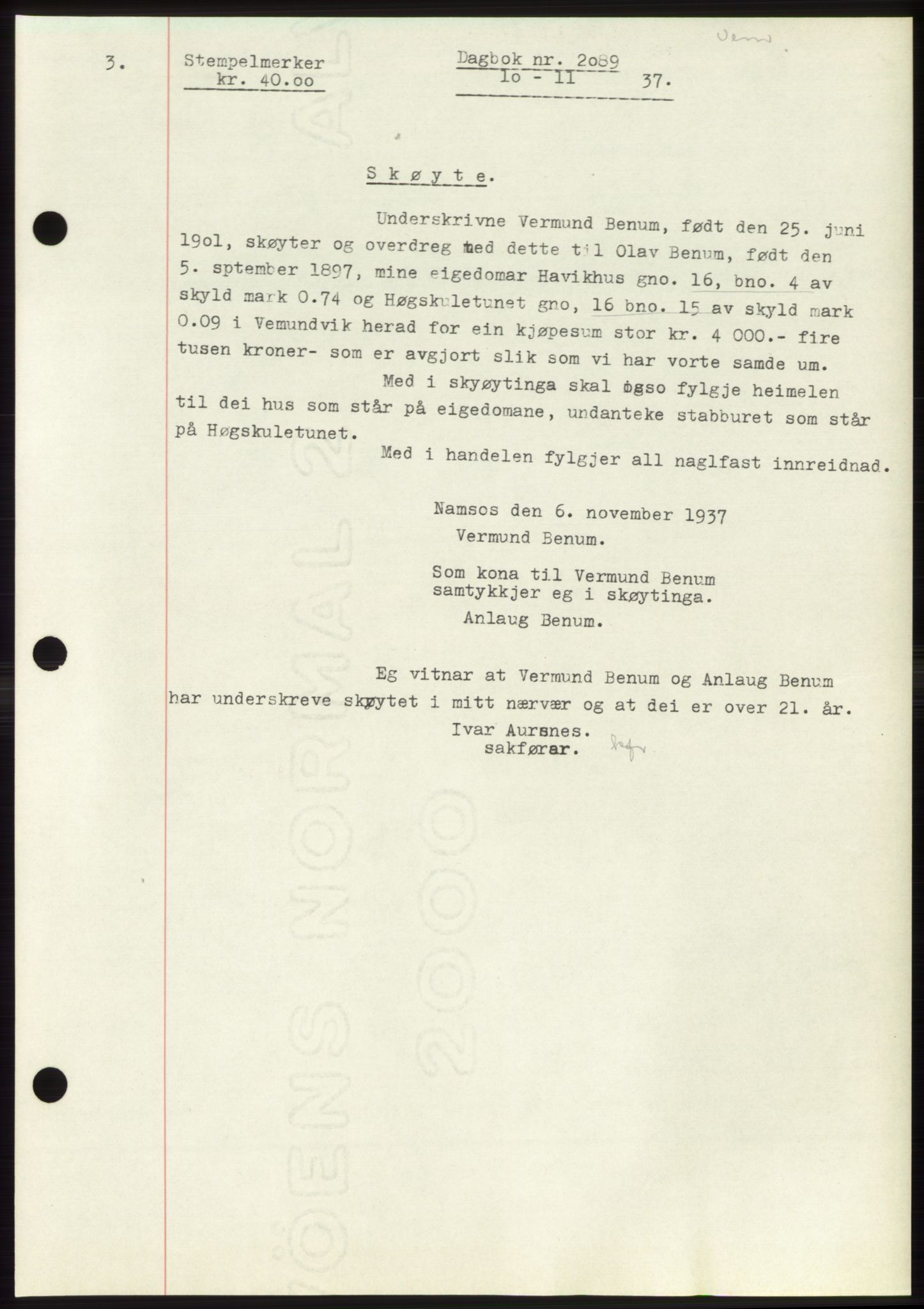 Namdal sorenskriveri, SAT/A-4133/1/2/2C: Pantebok nr. -, 1937-1939, Tingl.dato: 10.11.1937