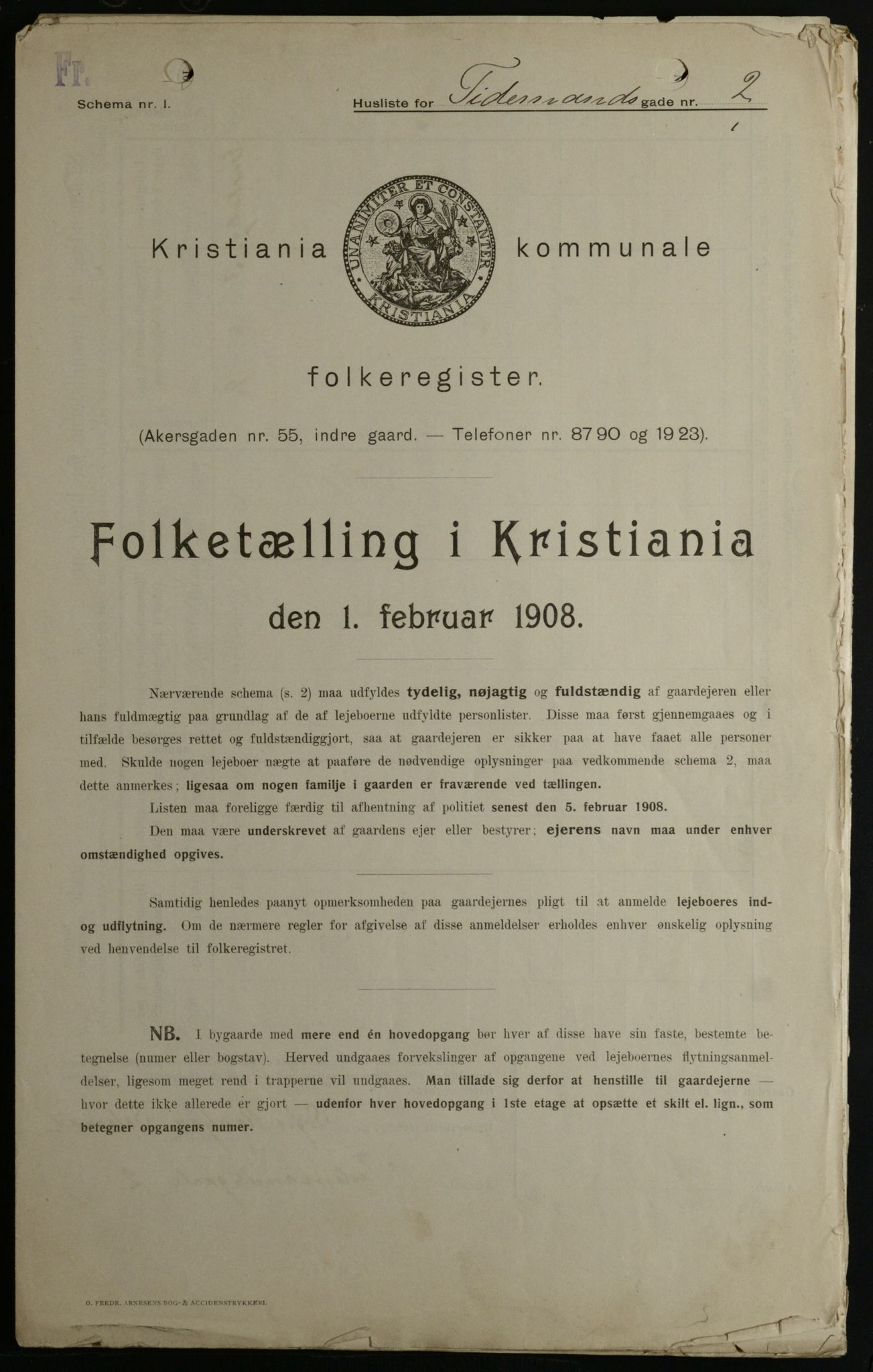 OBA, Kommunal folketelling 1.2.1908 for Kristiania kjøpstad, 1908, s. 100107