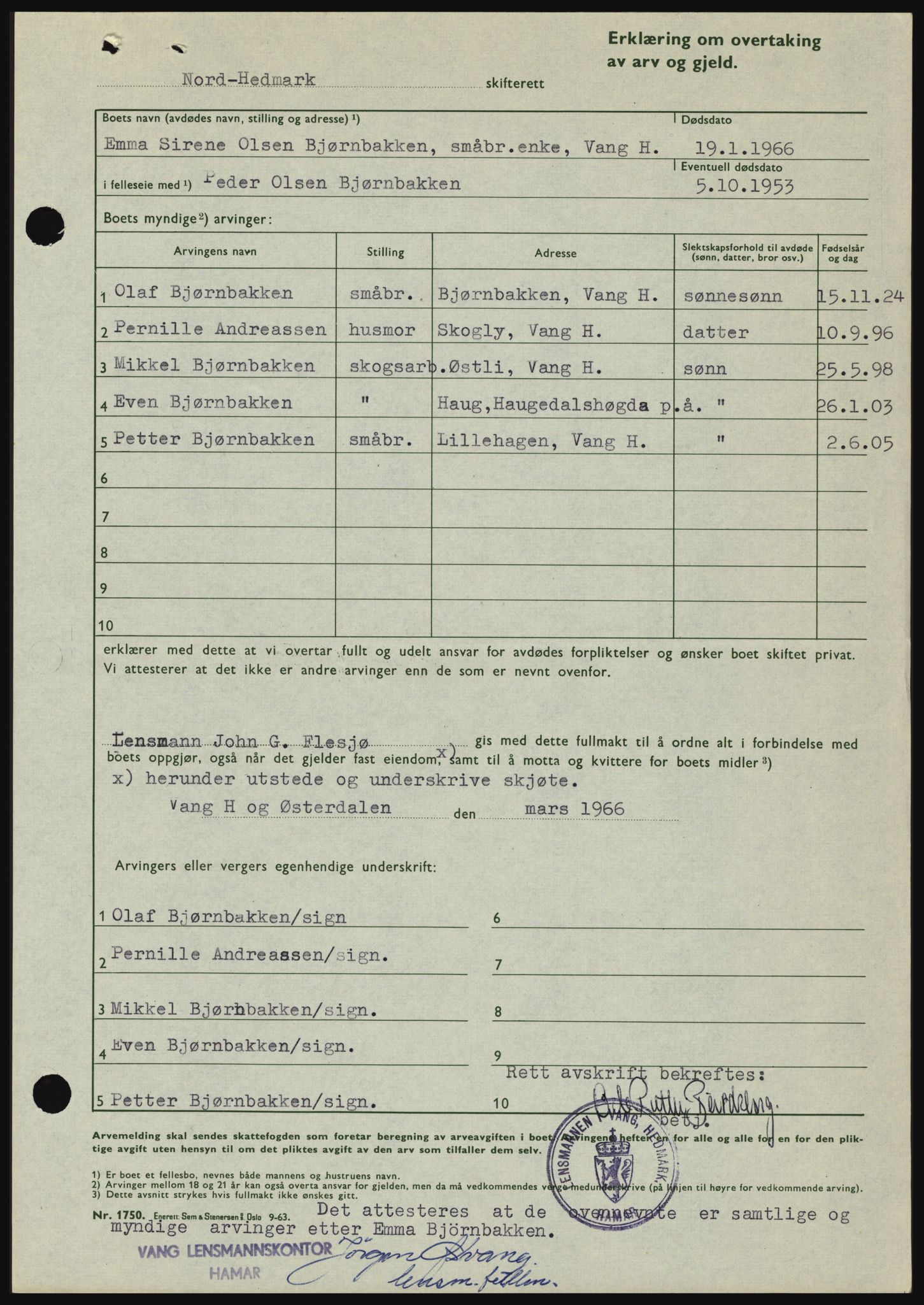 Nord-Hedmark sorenskriveri, SAH/TING-012/H/Hc/L0024: Pantebok nr. 24, 1966-1966, Dagboknr: 4814/1966