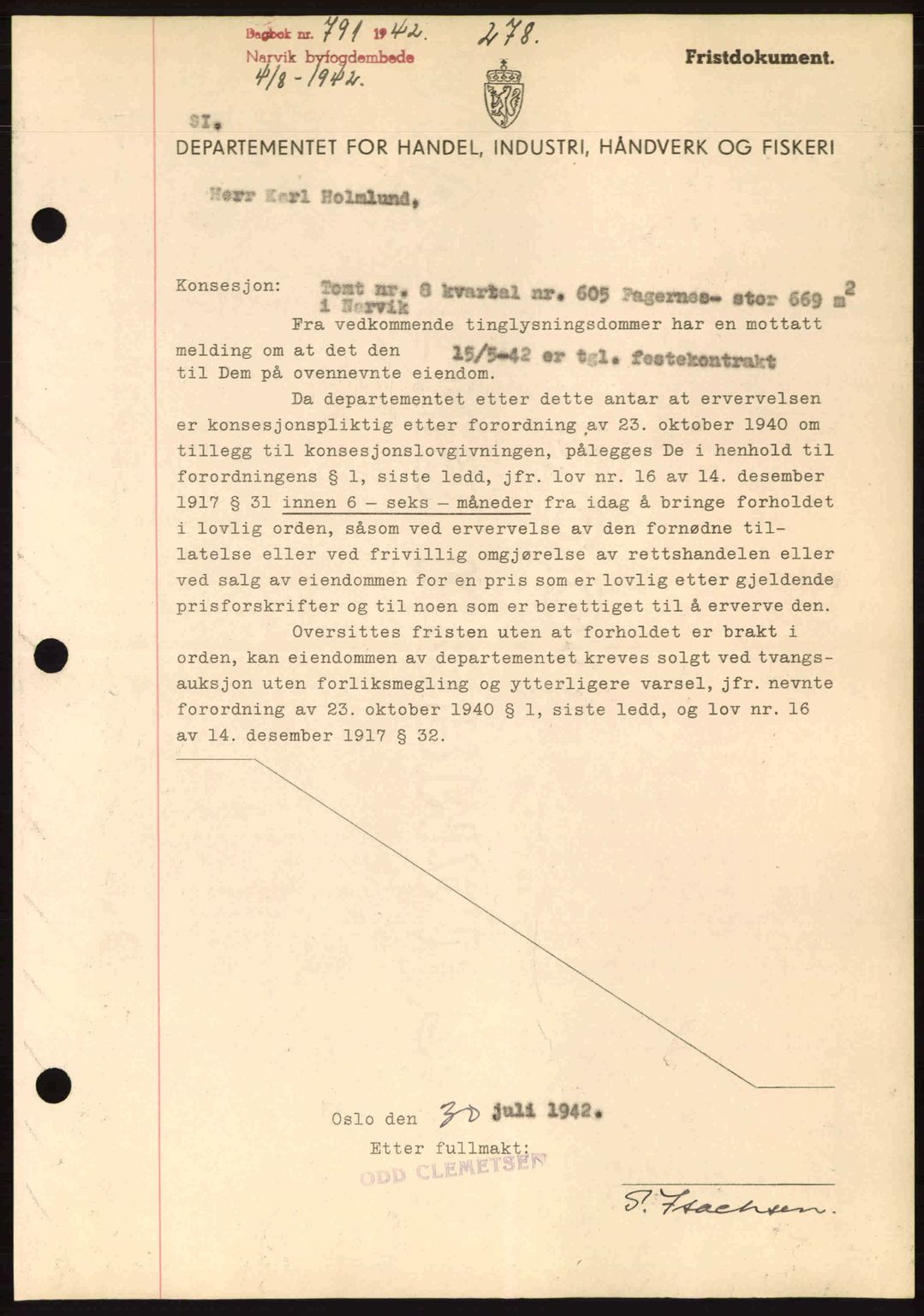 Narvik sorenskriveri, SAT/A-0002/1/2/2C/2Ca: Pantebok nr. A19, 1942-1943, Dagboknr: 791/1942