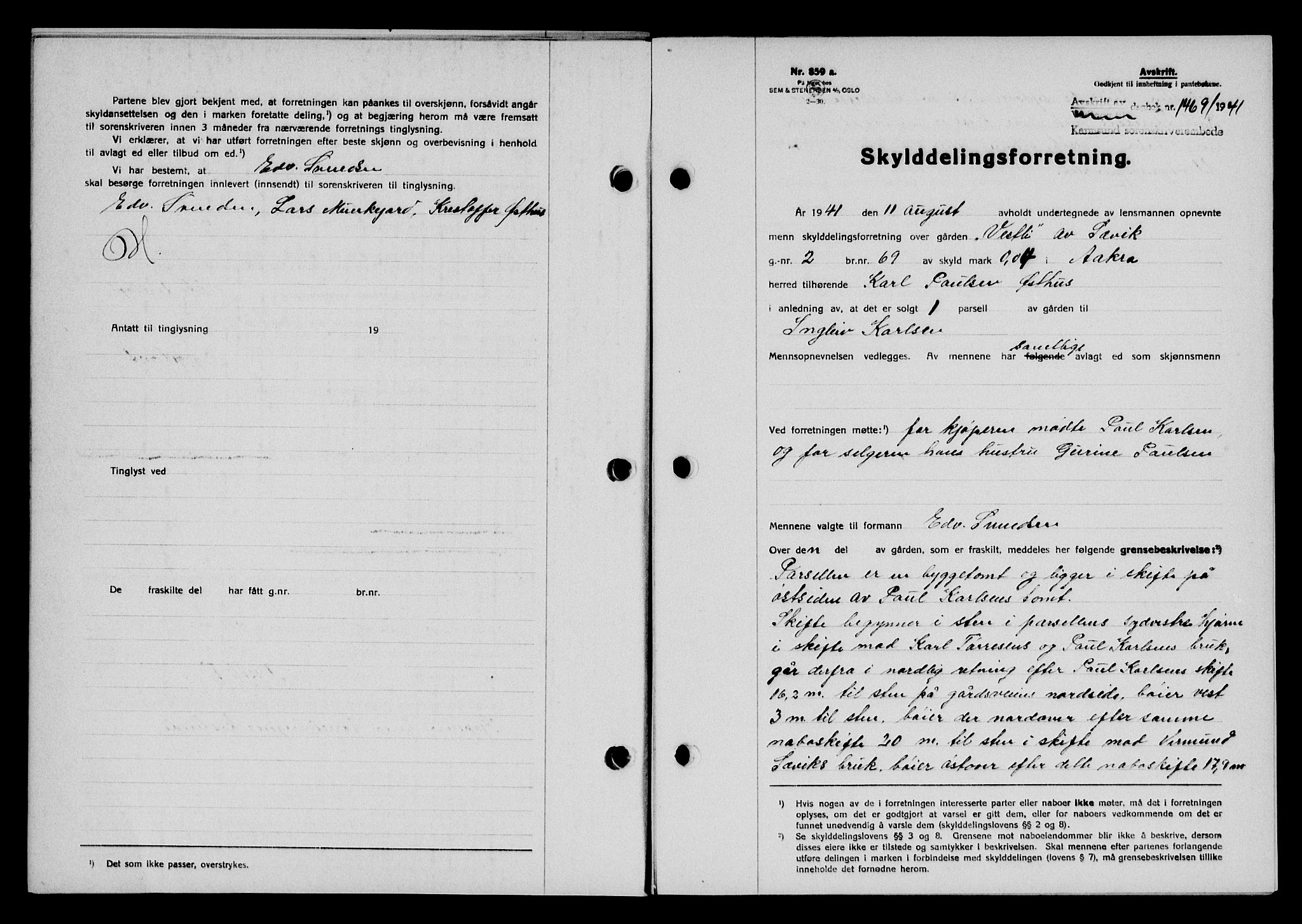 Karmsund sorenskriveri, SAST/A-100311/01/II/IIB/L0075: Pantebok nr. 56A, 1941-1941, Dagboknr: 1469/1941