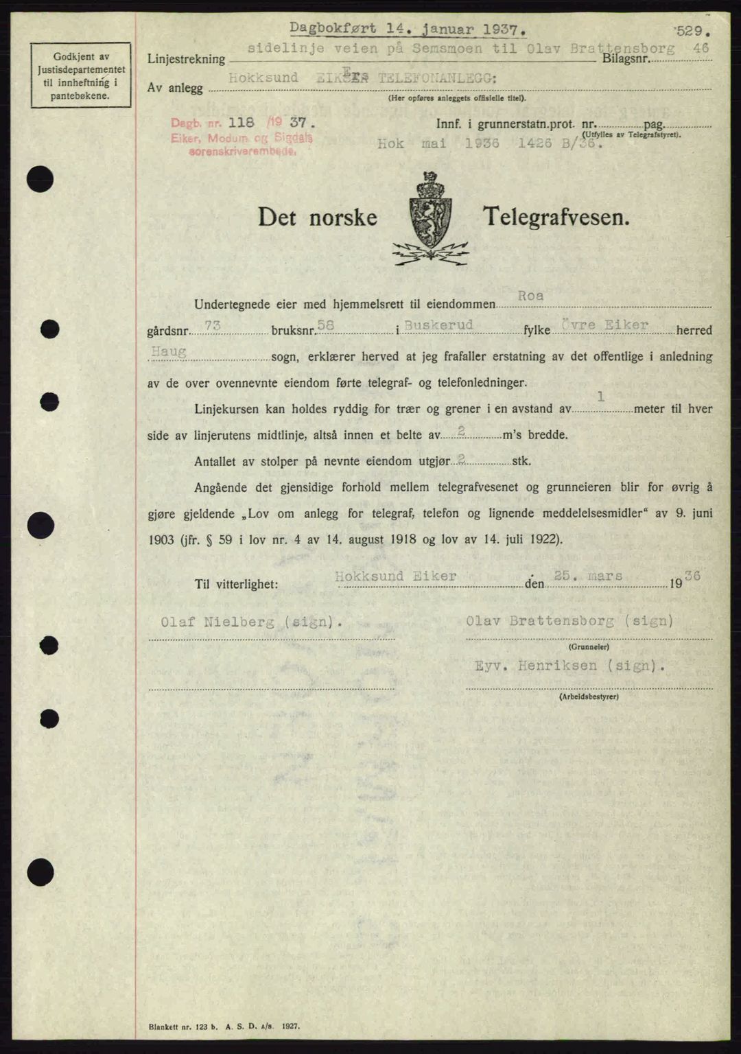 Eiker, Modum og Sigdal sorenskriveri, SAKO/A-123/G/Ga/Gab/L0034: Pantebok nr. A4, 1936-1937, Dagboknr: 118/1937