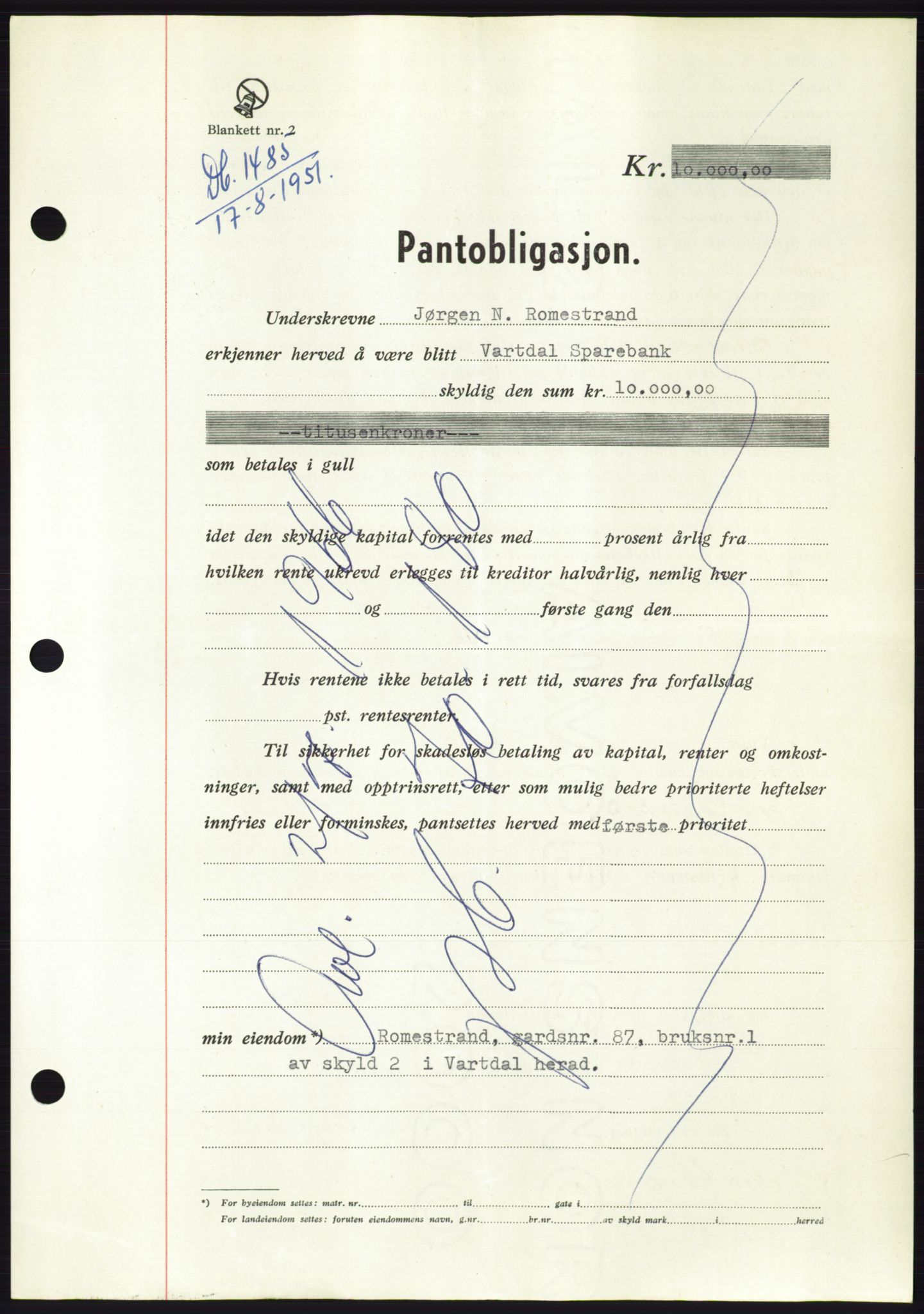Søre Sunnmøre sorenskriveri, AV/SAT-A-4122/1/2/2C/L0120: Pantebok nr. 8B, 1951-1951, Dagboknr: 1485/1951