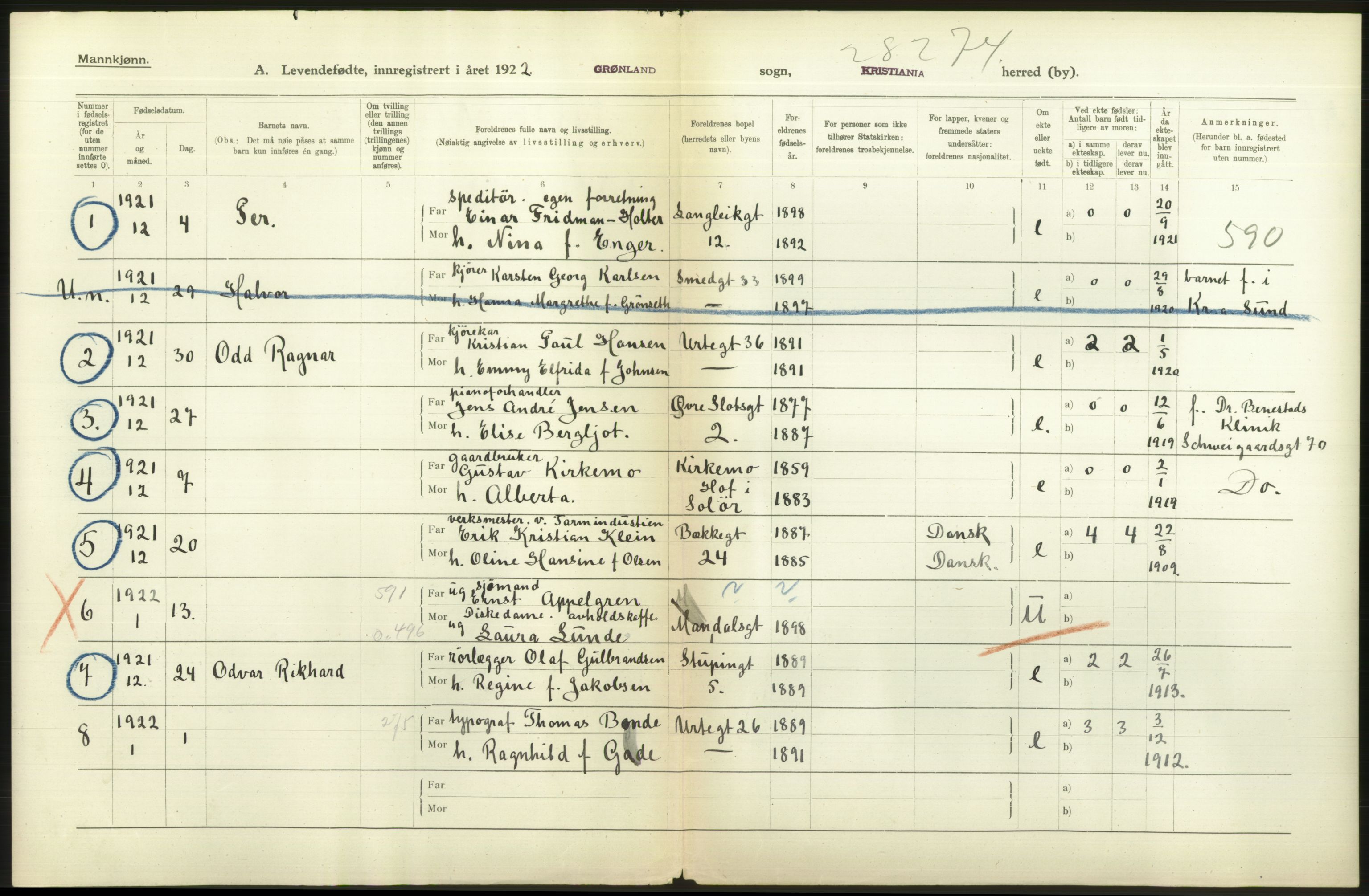 Statistisk sentralbyrå, Sosiodemografiske emner, Befolkning, AV/RA-S-2228/D/Df/Dfc/Dfcb/L0006: Kristiania: Levendefødte menn og kvinner., 1922, s. 2