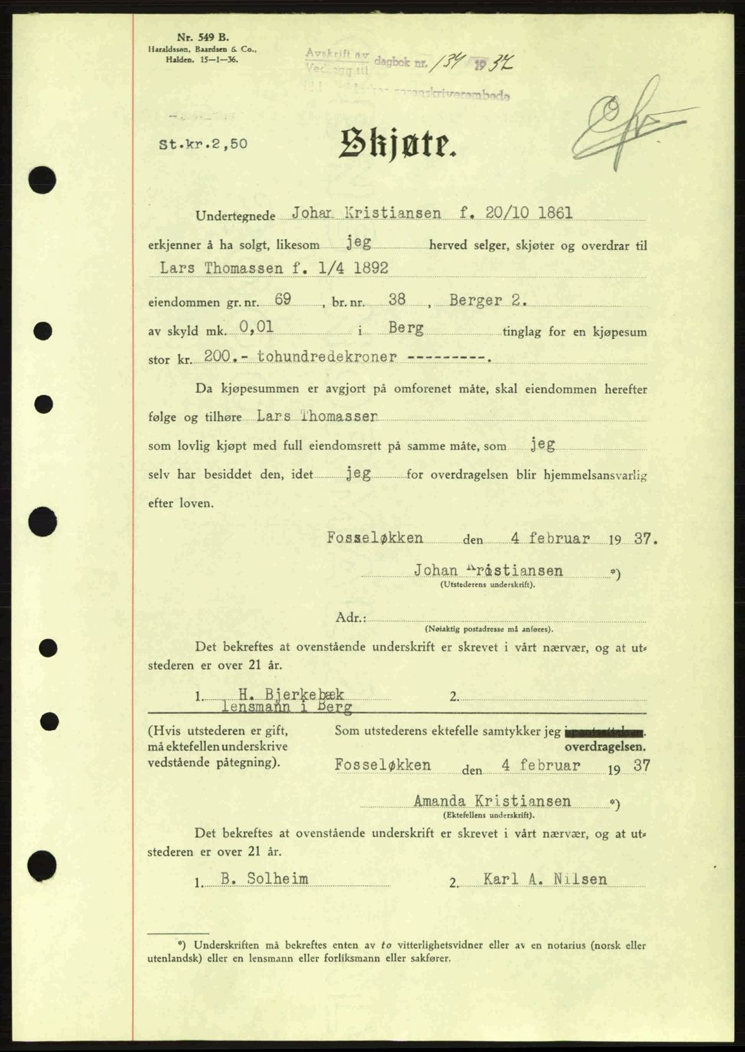 Idd og Marker sorenskriveri, AV/SAO-A-10283/G/Gb/Gbb/L0001: Pantebok nr. A1, 1936-1937, Dagboknr: 134/1937