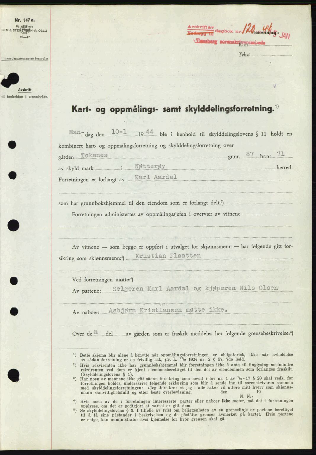 Tønsberg sorenskriveri, AV/SAKO-A-130/G/Ga/Gaa/L0014: Pantebok nr. A14, 1943-1944, Dagboknr: 120/1944