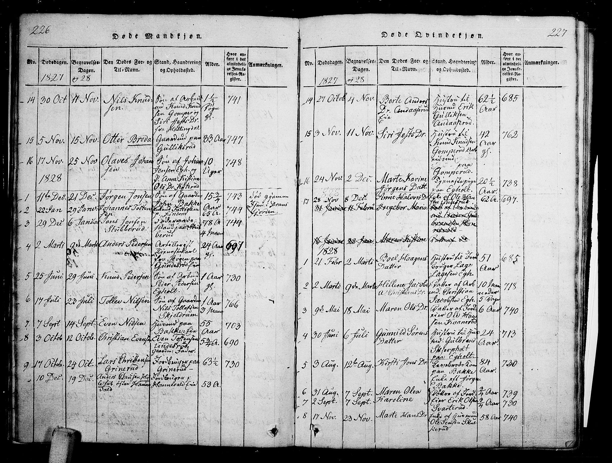 Skoger kirkebøker, SAKO/A-59/G/Ga/L0001: Klokkerbok nr. I 1, 1814-1845, s. 226-227